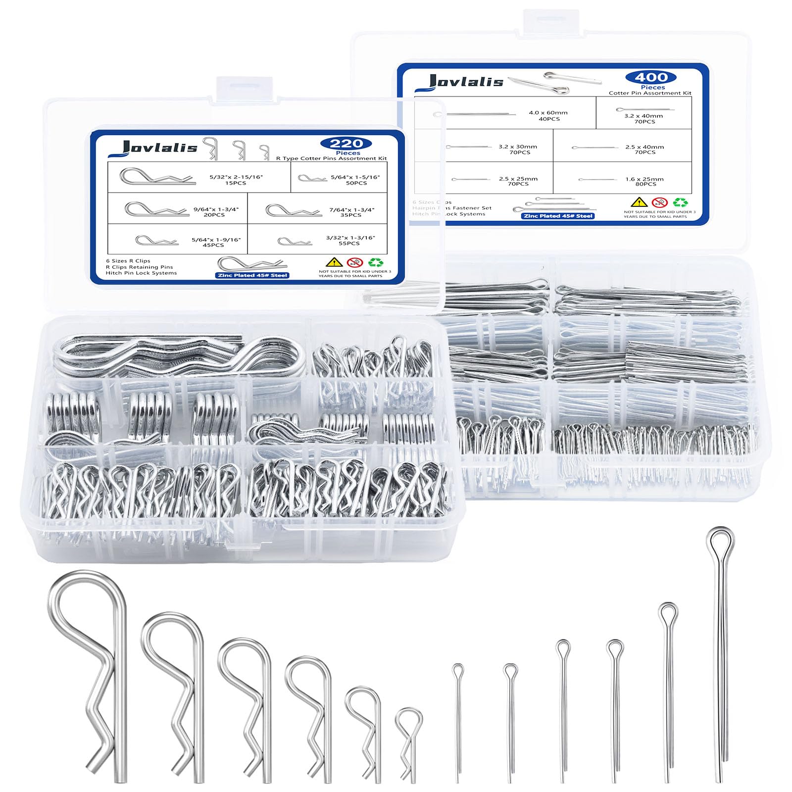 620 pcs Cotter Pins Assortment Kit, Hairpin Cotter Pins & R Clips Assortment Kit, 12 Sizes for Hitch Pin Lock Systems, Zinc-Plated Cotter Pin Kit