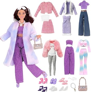24 Pcs Doll Clothes for 11.5 Inch Dolls Compatible with Barbie 6 Outfits Plush Coat Set Elegant Set Casual Wear Fashionset Retro Denimset Sportswear 6 Shoes 3 Accessories for Girls Gift
