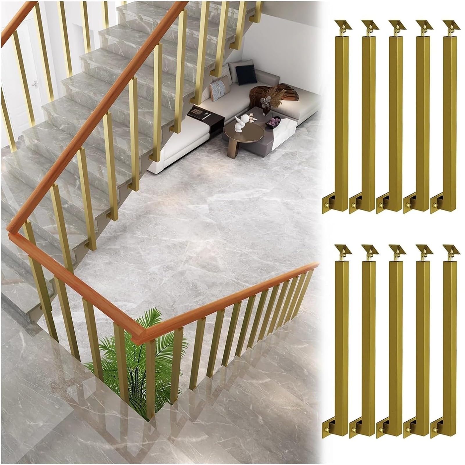 Kit tiges de garde-corps escalier extérieur métal doré avec support réglable