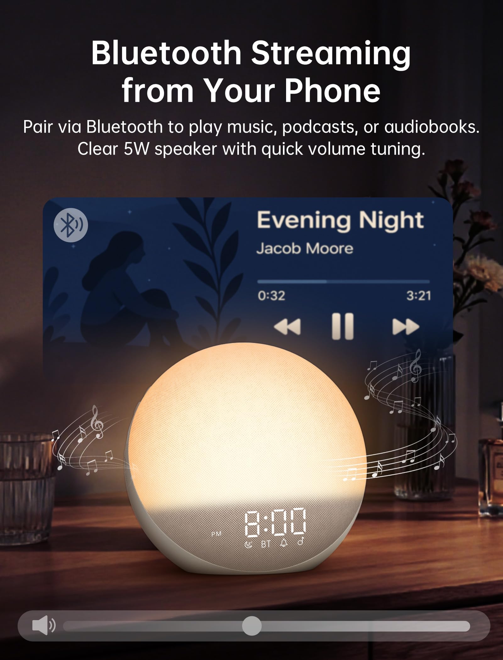 Odokee Reloj despertador Sunrise con máquina de sonido: luz de despertador suave y 7 sonidos de alarma para dormitorio, 3 modos de despertar y 32 niveles de volumen para masilla matutina sin estrés