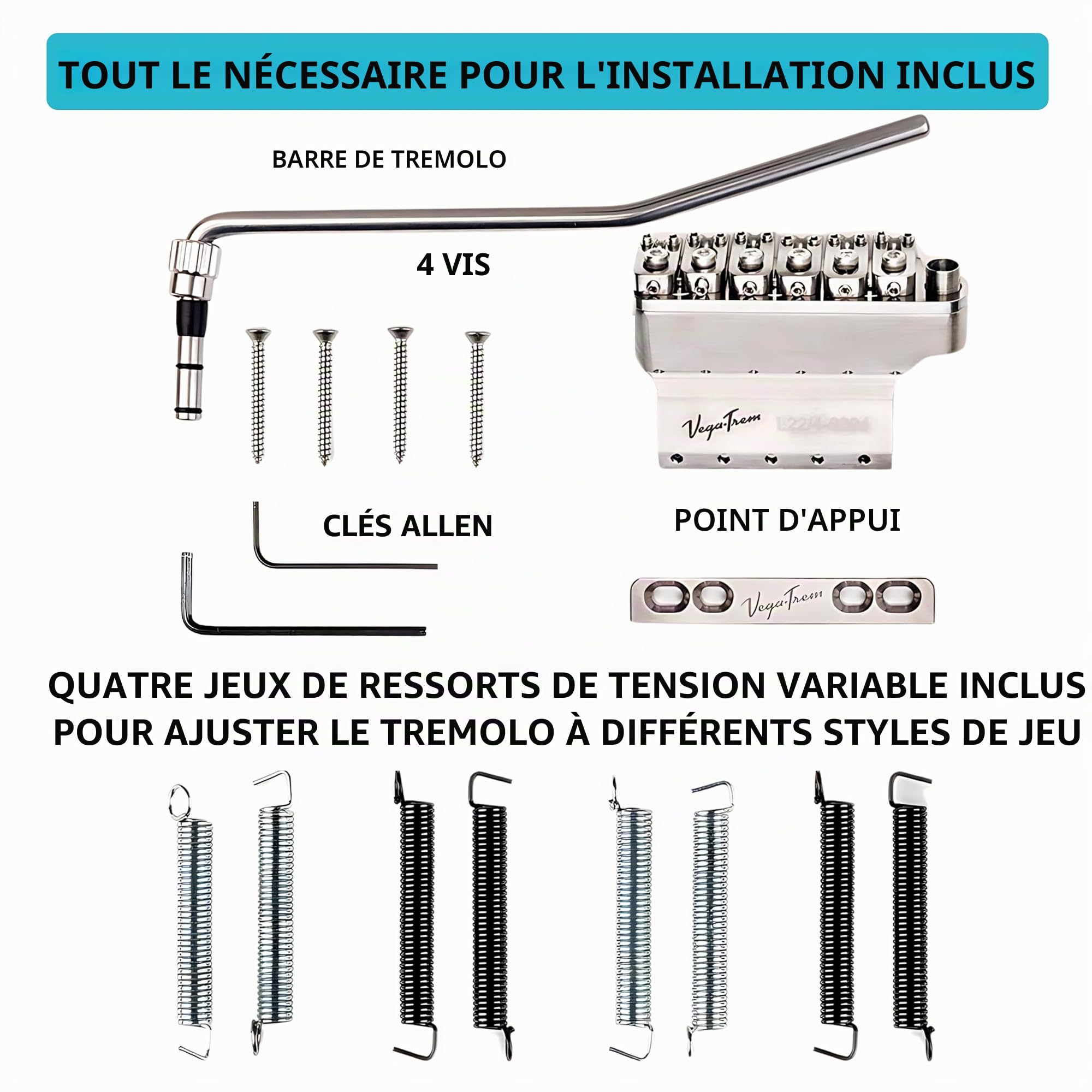 Vega-Trem VT1 Standard 6 Vis Brillant Pont Tremolo pour Guitare Stratocaster Pour Strat Sans Modifications Installation Facile