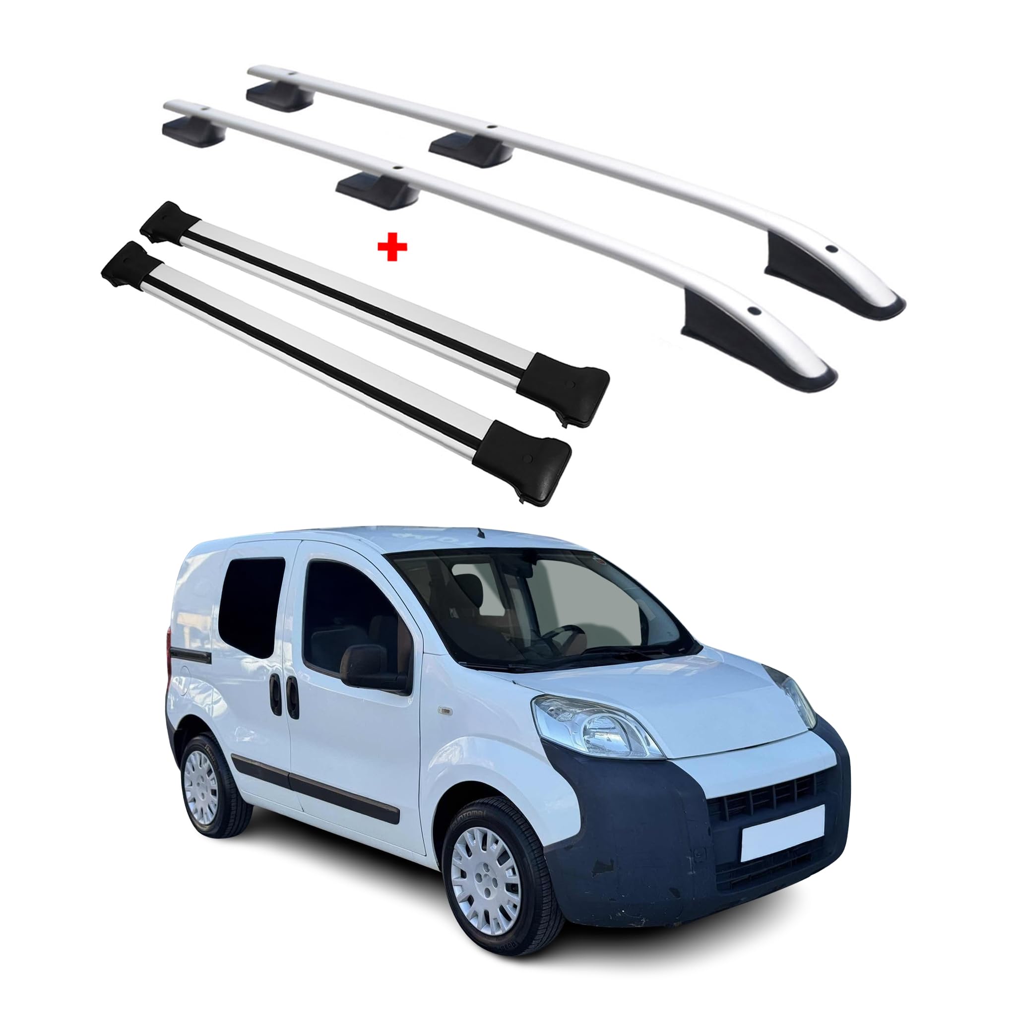 Kit de barras de techo compatible con Citroën Nemo Peugeot Bipper Fiat Qubo – Galería de techo – Porta-Bagajes portabicicletas de techo – Capacidad de carga 75 kg – de aluminio gris – 4 piezas