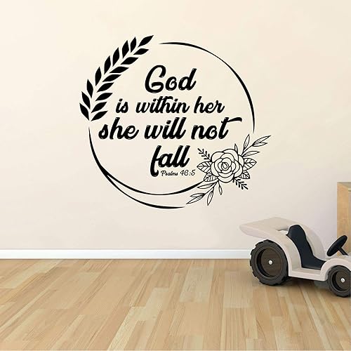 Miniatura 3 de Calcomanía de vinilo con versículo bíblico de mujer con texto en inglés "God Is Within Her She Will Not Fall" (Salmo 465) - Vinilo decorativo para