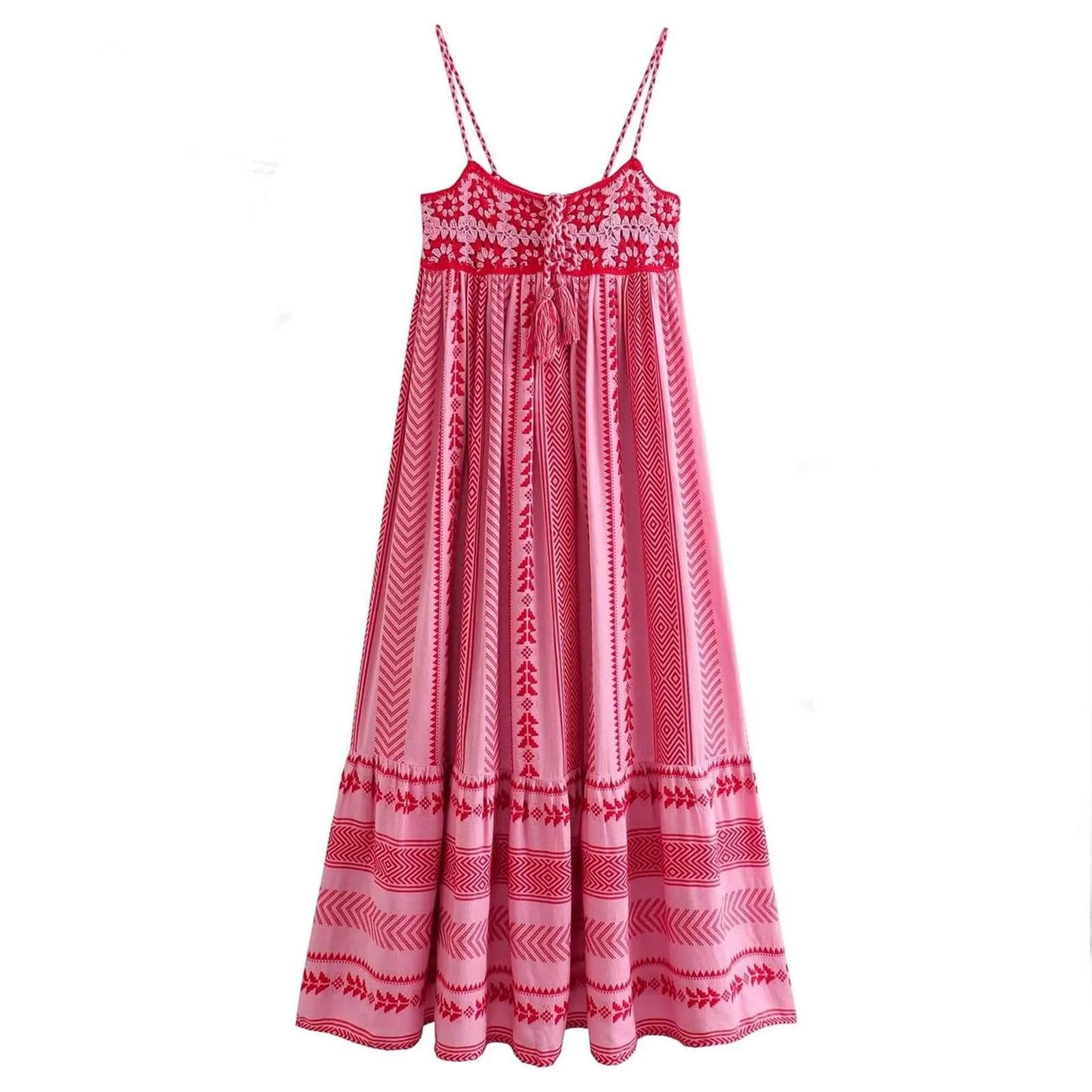 Gonna Lunga Abito con Cinturino A Maglia Vintage Bohémien per Lo Stile di Vacanza da Donna-Pink-s