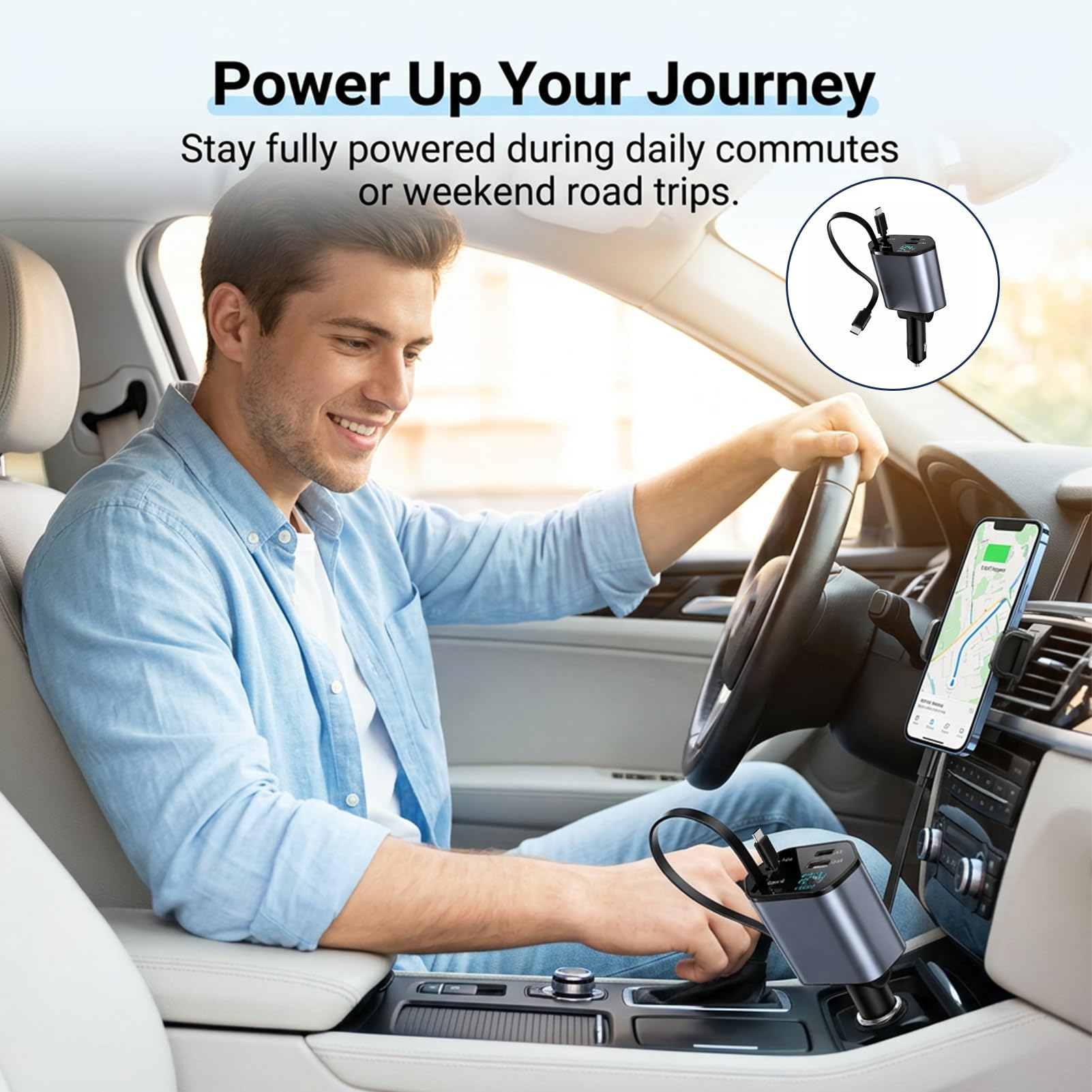 4 in 1 Kfz-Ladegerät USB C, Auto Ladegerät mit Einziehbarem Kabel, Zigarettenanzünder 12V/24V, Digital Spannungsanzeige, PD USB C, USB A, Autoladegerät für iPhone 17/16/15, Samsung Galaxy S25/S24