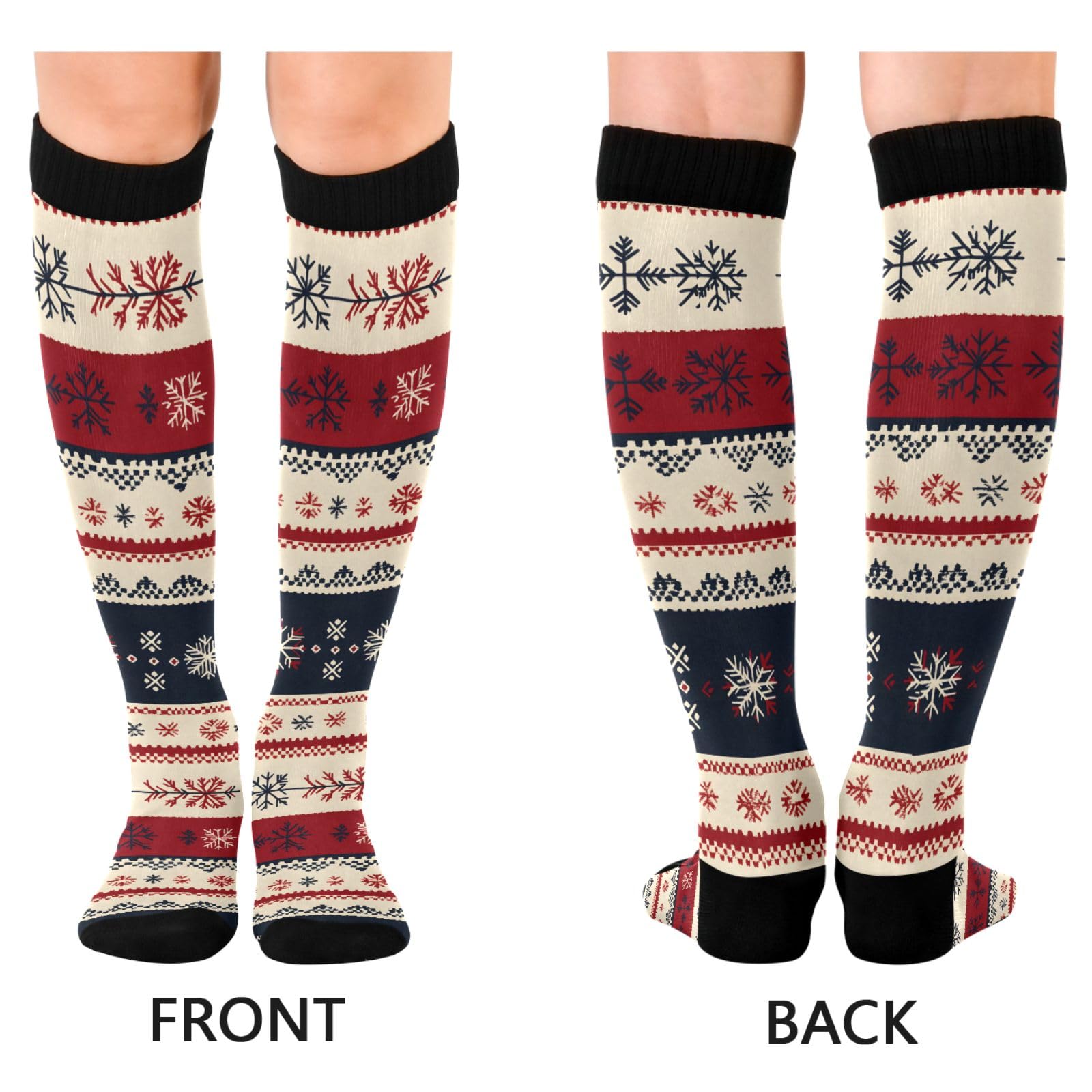 ALAZA Athletic Compression Socks Knee High Socks Stockings for Men Snowflake Nordic Pattern Women Running Circulation Sport Football