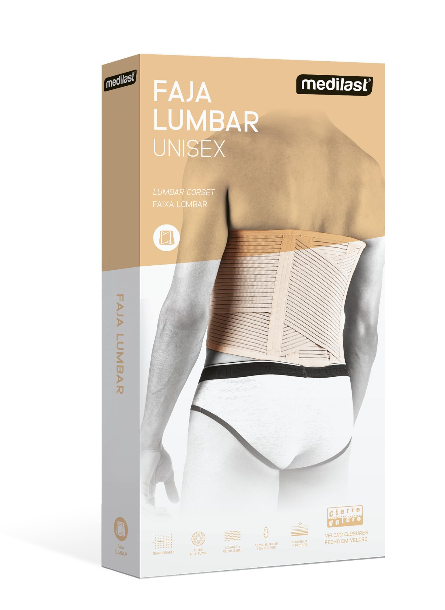 Medilast - Faja Lumbar - Ideal para Rehabilitar Lesiones en la Zona Lumbar y Abdominal - Uso Recomendado para el Postparto y Postoperatorio - Sujeción Cómoda y Adaptable - Color Beige - Talla M