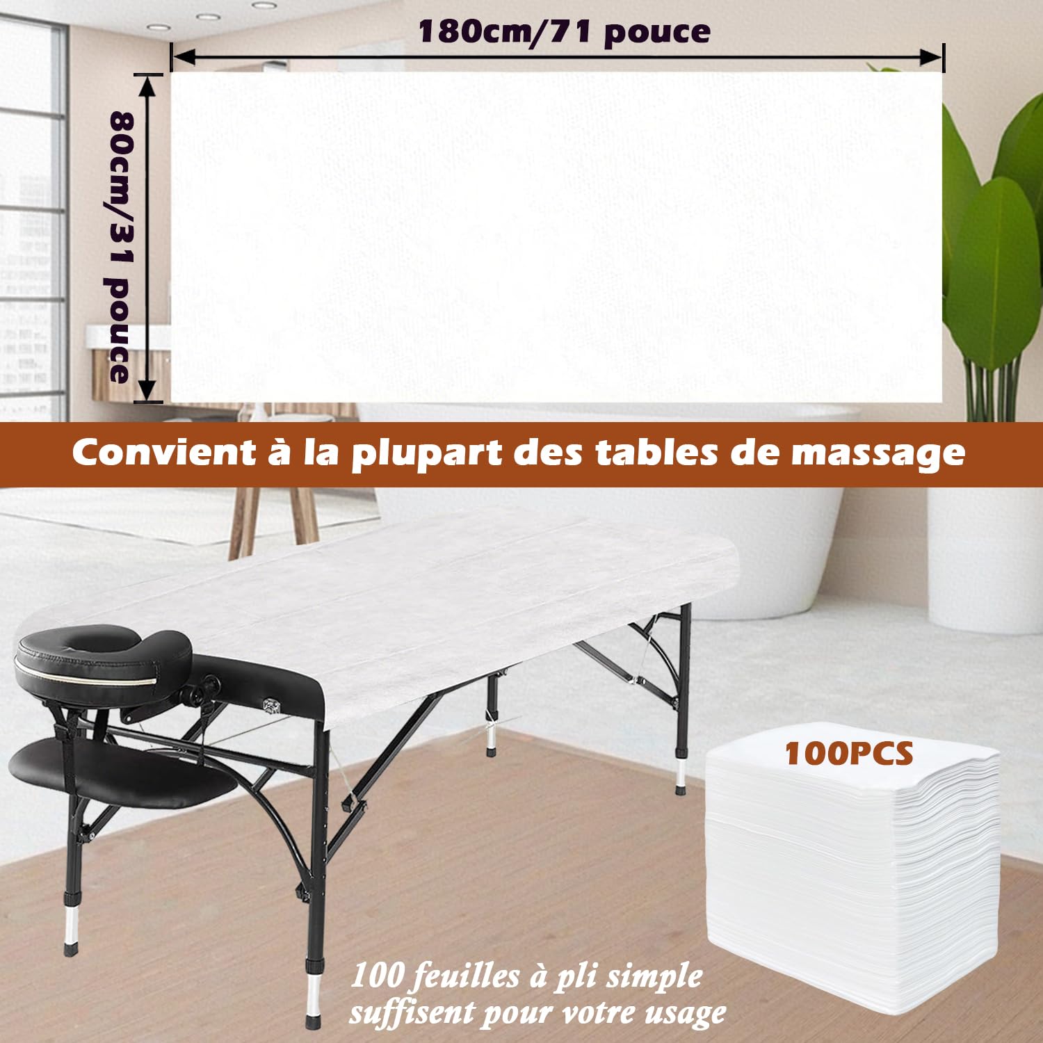 Lot de 100 Drap Jetable Table Massage 80x180cm Non Tissé Blanc pour SPA Salon Tatouage Hôpital