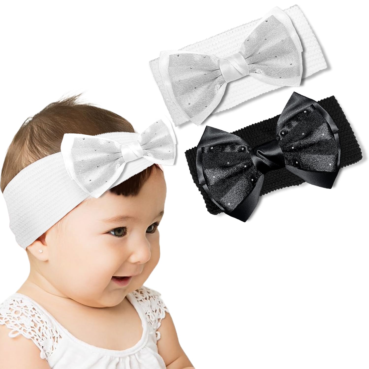 LYKAA Baby Top-notch Quality Bow Headband Soft Bow Design Hair Band For Baby Girls Toddlers Hair Accessories Elastic hairband For Photo Shoots Pack Of 2 Headband (Black White, Medium)-picture-34
