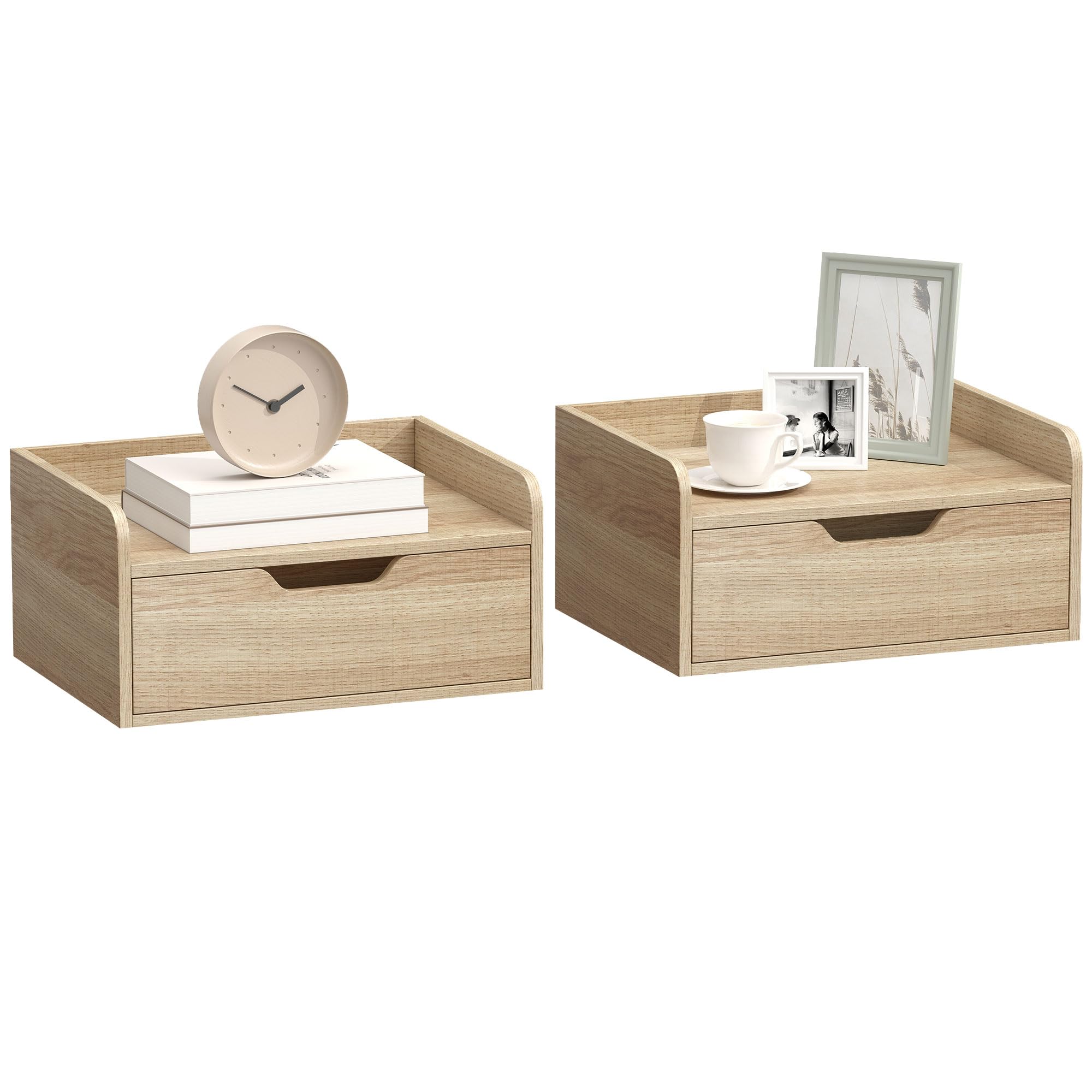 HOMCOM Set di 2 comodini da parete, comodini sospesi con cassetto e piano rialzato, stile moderno, per camera da letto, soggiorno, 40 x 30 x 19,5 cm, legno naturale
