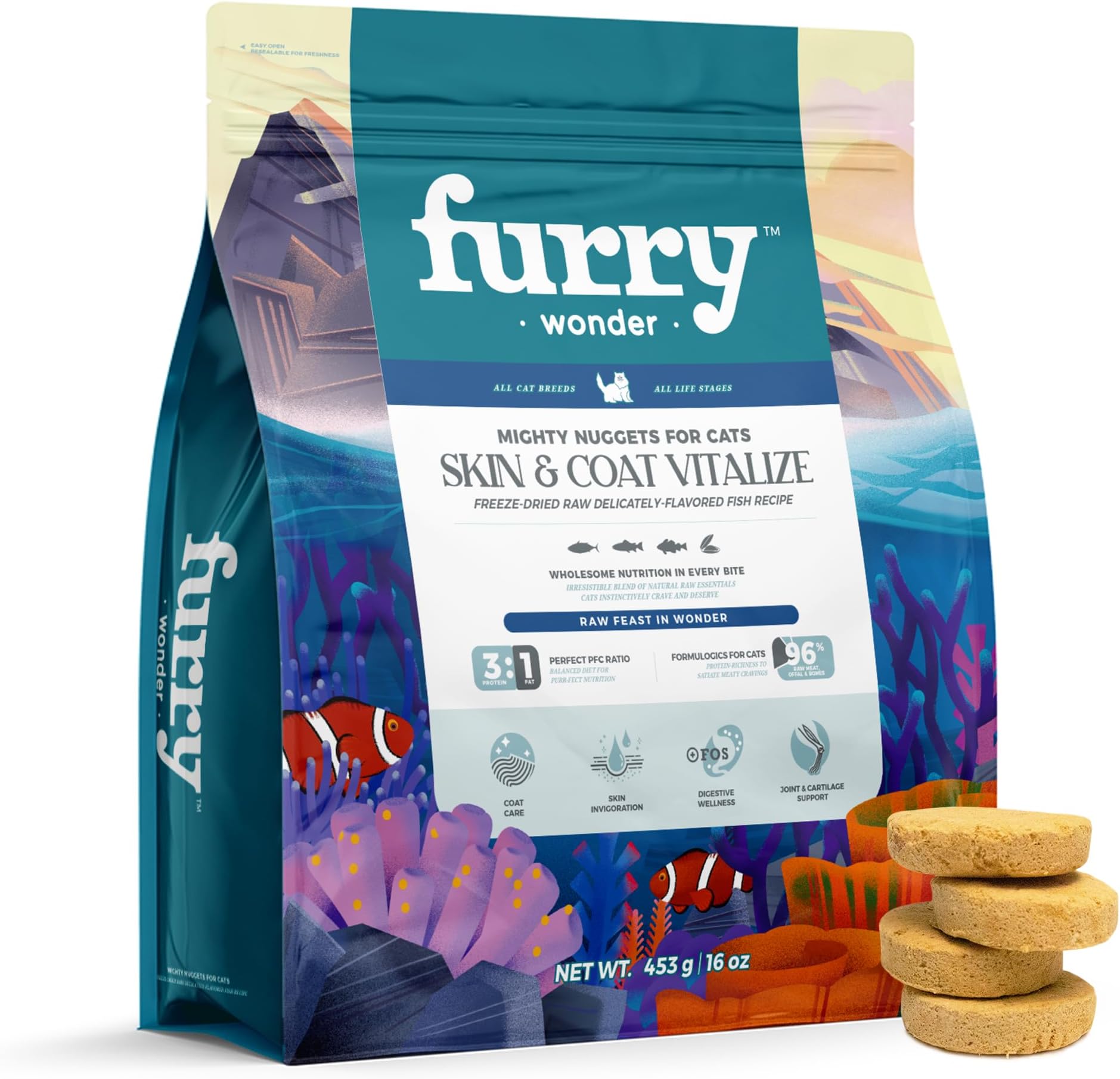 FURRY WONDER Freeze Dried Raw Cat Food Grain Free Mighty Nuggets for Cats 16 Ounce, Fish Recipe High Protein Dinner Patties for All Breeds and Life Stages