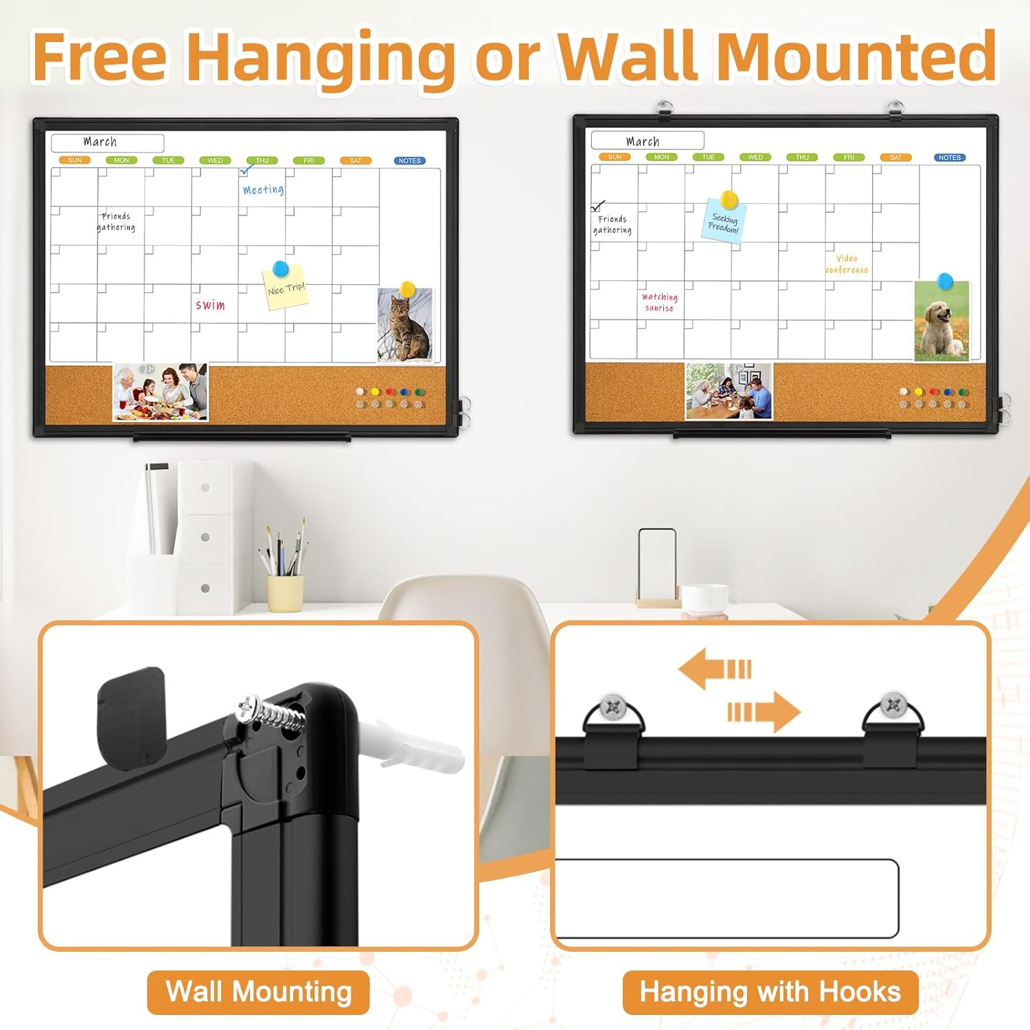 Dry Erase Calendar Whiteboard for Wall, WALGLASS 36" x 24" Double-Sided Monthly Calendar White Board Cork Combo, Black Aluminum Frame Hanging Wall Mounted Bulletin Corkboards for Home, Office, School