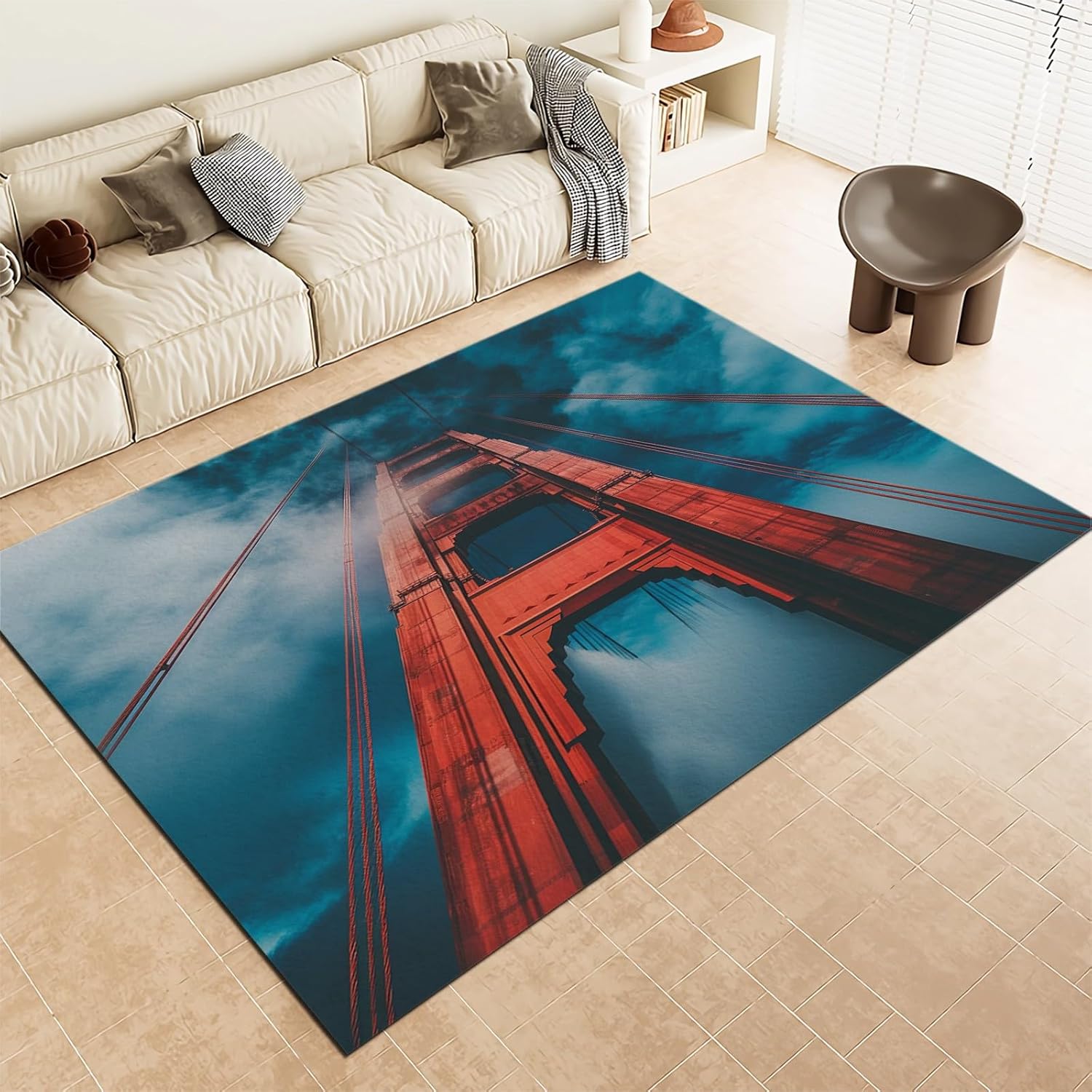 Washable Rugs 4 X 6 Ft, Red Golden Gate Bridge Large Carpets, Ultra Soft Faux Wool Rug, Non Slip & Non-Shedding Low Pile Print Carpets for Living Room Bedroom Home Office Decor
