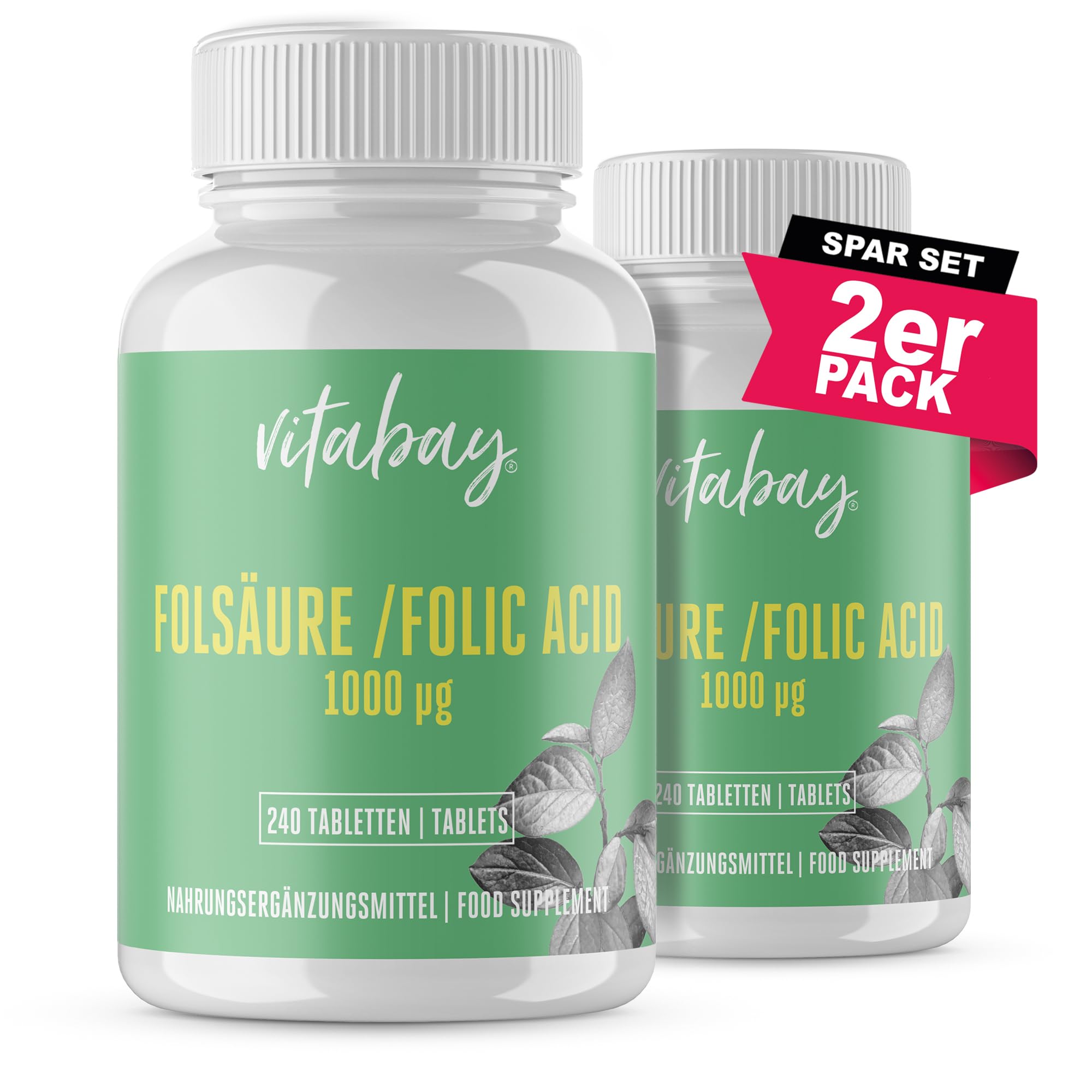 Vitabay Folsäure Hochdosiert 1000 mcg (Vitamin B9) – 480 vegane Tabletten | Folsäure Kinderwunsch Schwangerschaft Vitamine – für Männer – Hohe Bioverfügbarkeit – Laborgeprüft – 2er Set