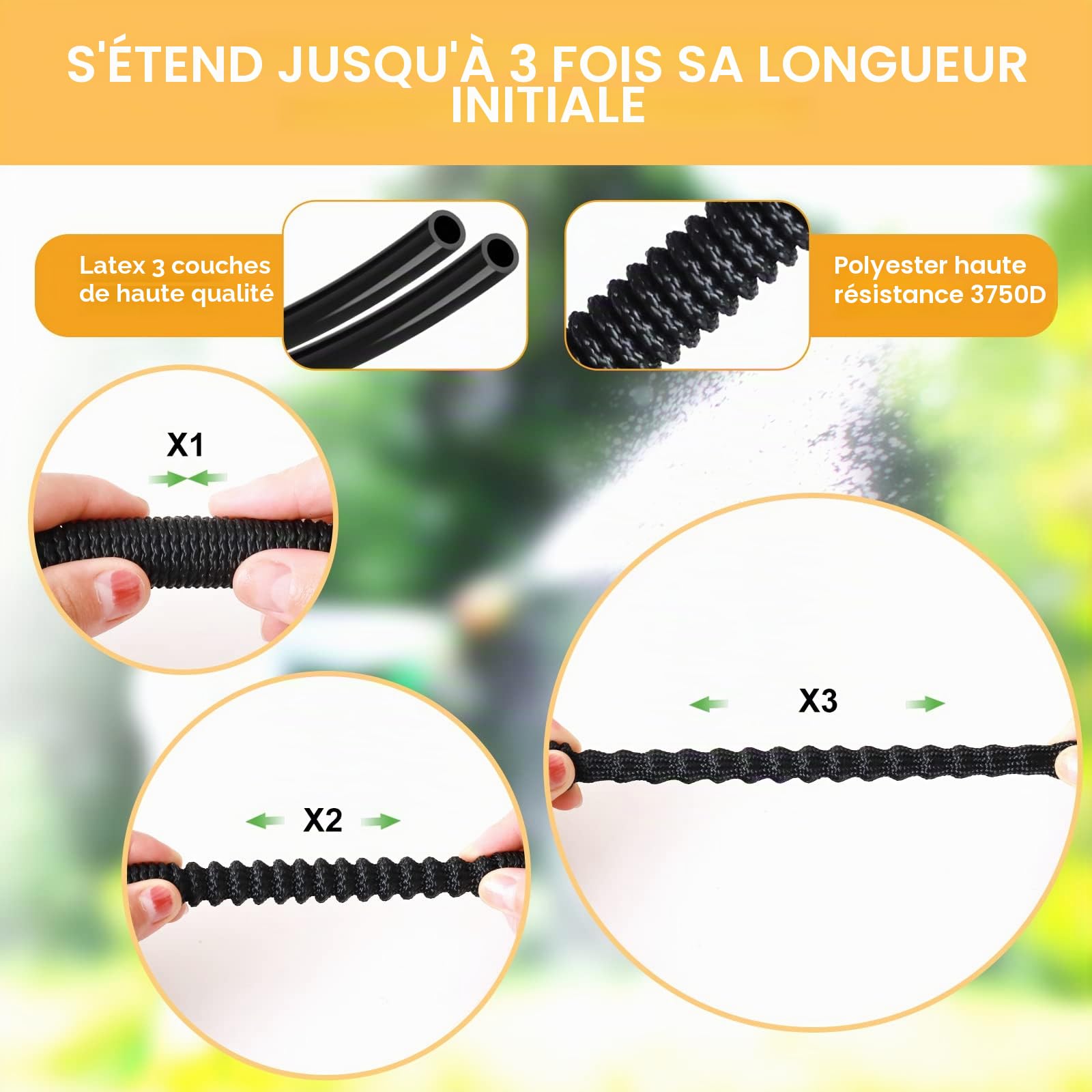 Tuyau d'arrosage extensible et rétractable qui ne s'entortille pas pour le lavage des animaux domestiques et de la voiture, le nettoyage, l'arrosage de la pelouse et du jardin (atteint 45 m après