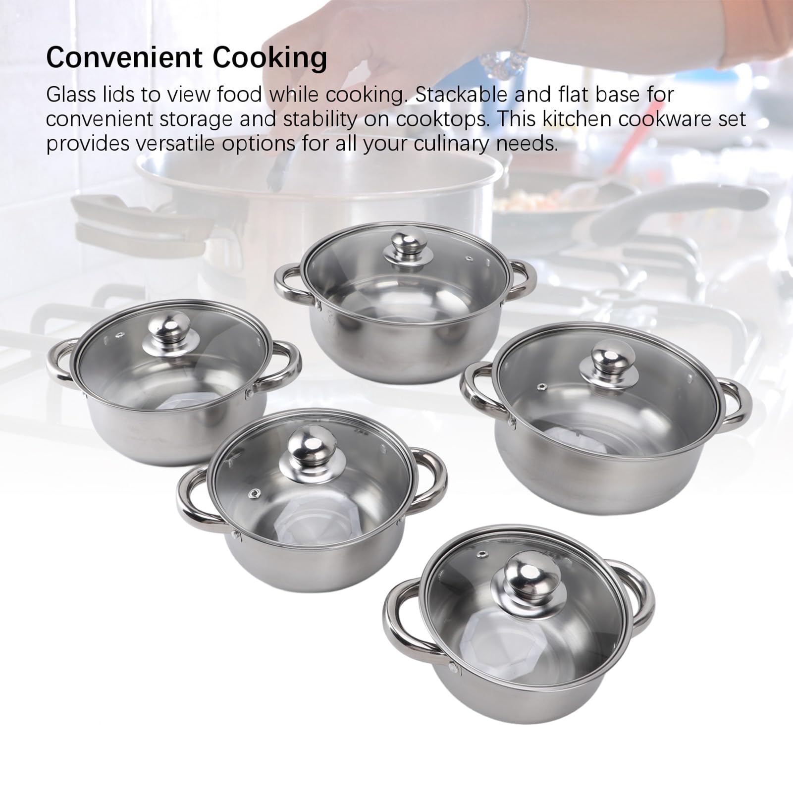 5-teiliges Edelstahl-Topf-Set, Küchen-Kochgeschirr-Sets, Edelstahl-Töpfe mit Deckel und Griffen, Stapelbares Design, Küchen-Kochset für Induktion, Spülmaschinenfest, Silber