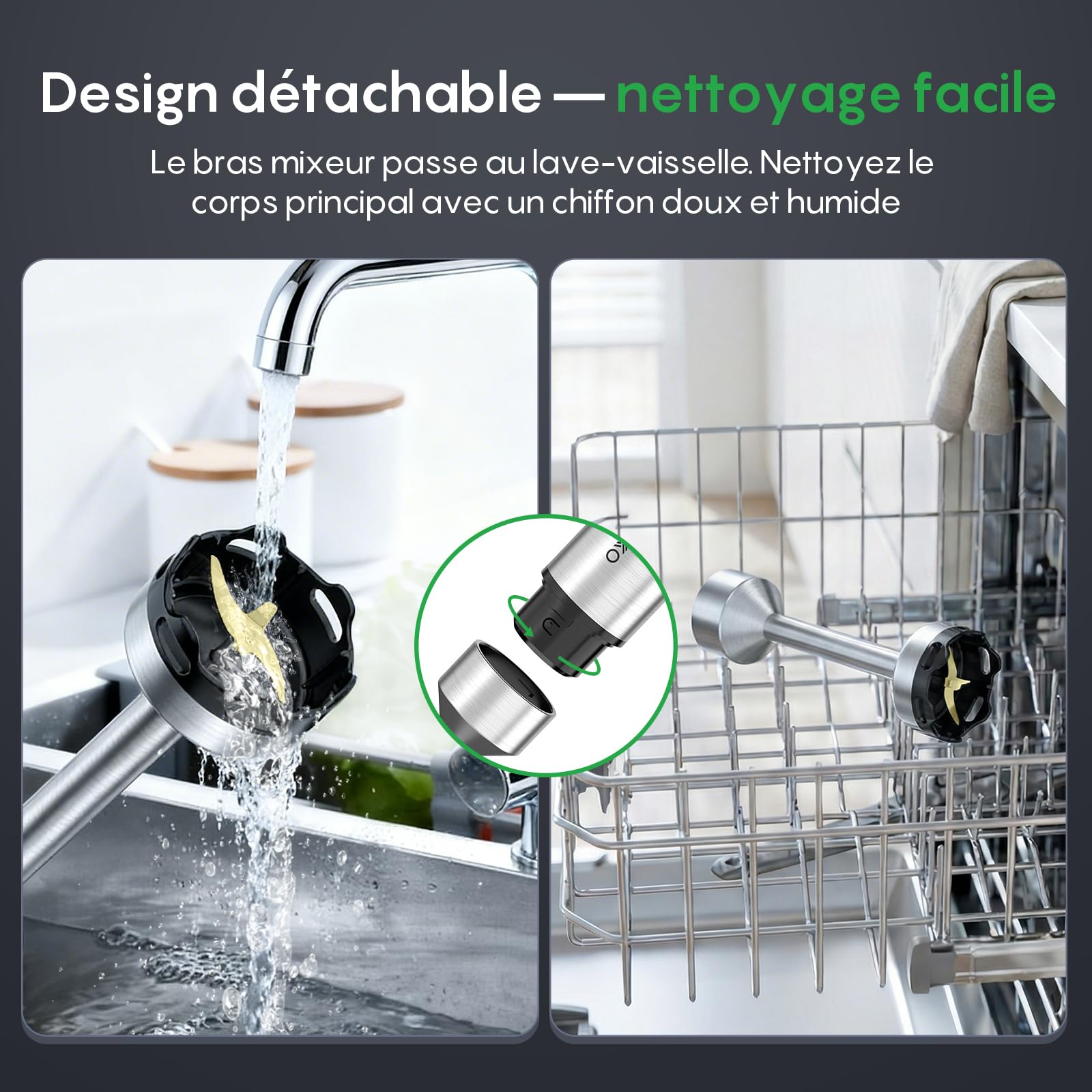FRESKO Mixeur Plongeant 1000W, Vitesse Variable, Conception détachable | Pied Acier Inoxydable avec Protège-Casserole, pour Bébé, Soupes, Smoothies, Purées et Sauces, Noir