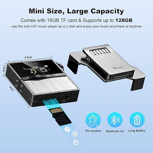 Miniatura 4 de Hmusic Reproductor MP3 HiFi P68 con clip, reproductor de música de alta resolución DSD sin pérdida Bluetooth, reproductor de audio portátil de alta