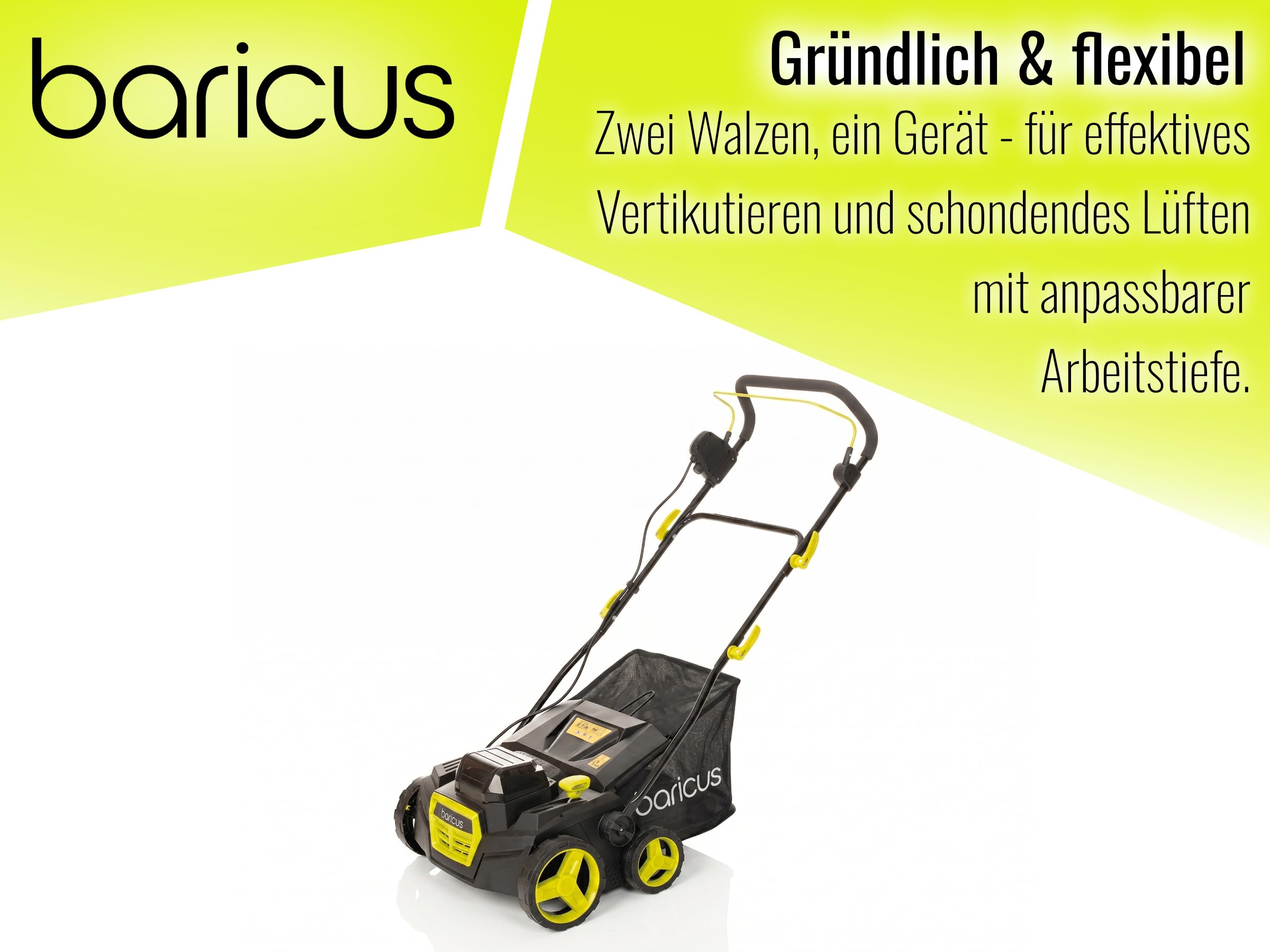 BARICUS Akku Vertikutierer 36V ohne Akku & Ladegerät B-Ware | 380 mm Arbeitsbreite · 45-l-Fangkorb · Tiefeneinstellung · 3000 U/min