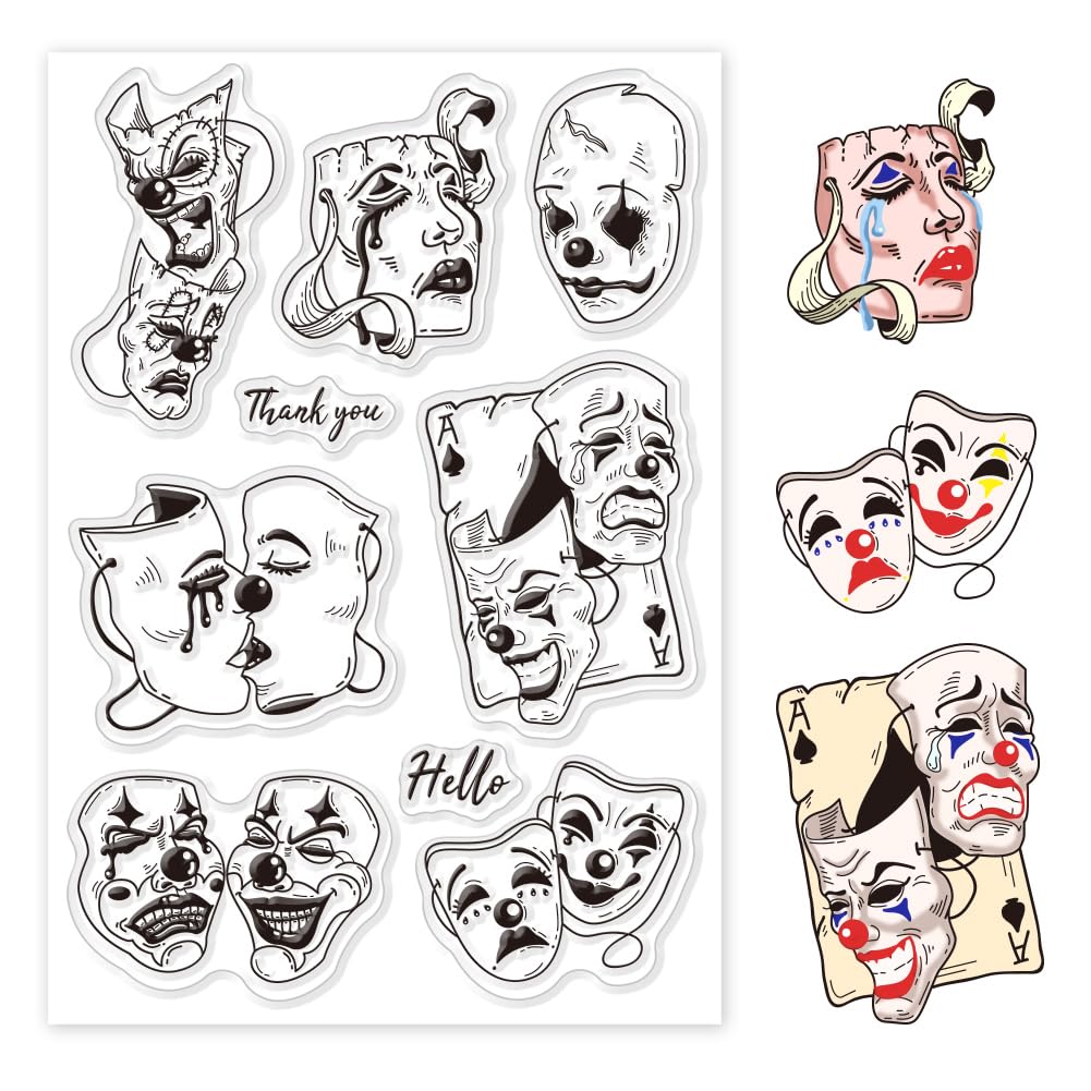 GLOBLELAND Clown Clear Stamps for DIY Scrapbooking Cry and Laugh Expressions Silicone Clear Stamp Seals Transparent Stamps for Cards Making Photo Album Journal Home Decoration