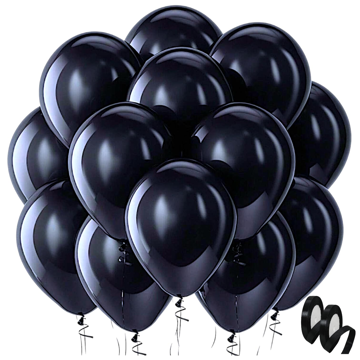 Black Balloons Pack of 100, 12 Inch Thick Latex Balloons with 10m Ribbon, Premium Helium Quality Party Balloons for Birthday, Wedding, Baby Shower, Graduation, Balloon Arch & Celebration Decorations