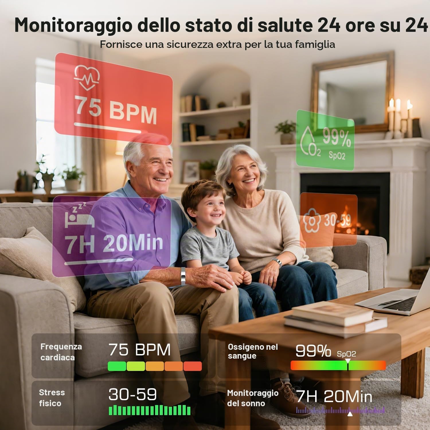 Smartwatch Fitness Tracker Impermeabile, Orologio Smart Band Donna Uomo con Cardiofrequenzimetro, SpO2, Stress, Monitoraggio del Sonno, Modalità Sport Multiple, Compatibile Android iOS