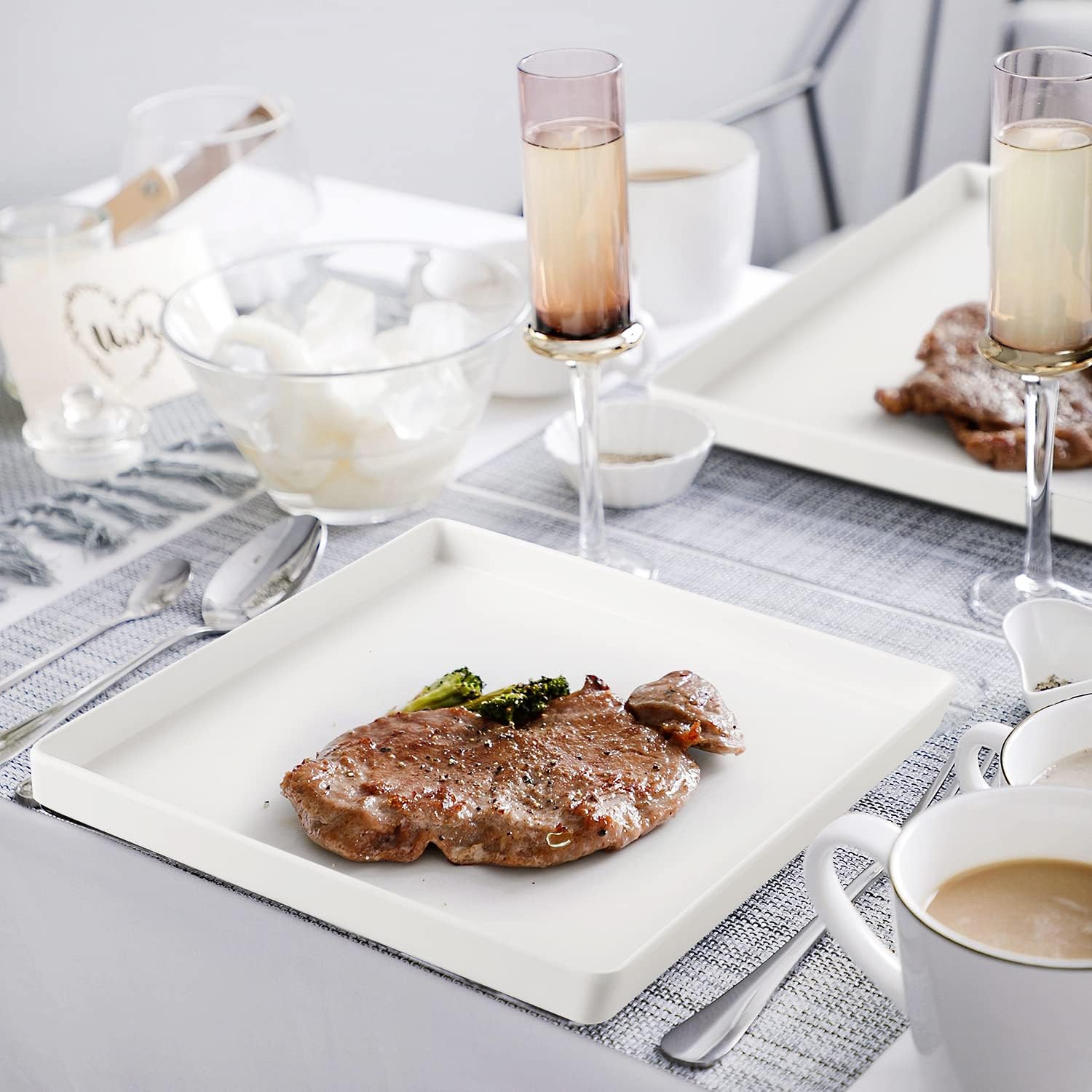 12 Piece Square Melamine Dinnerware Sets for 4 - Plastic Matte White Plates and Bowls Sets Best for Indoor Outdoor Grill Holiday Party Camping BPA-Free Dishwasher Safe - Image 6