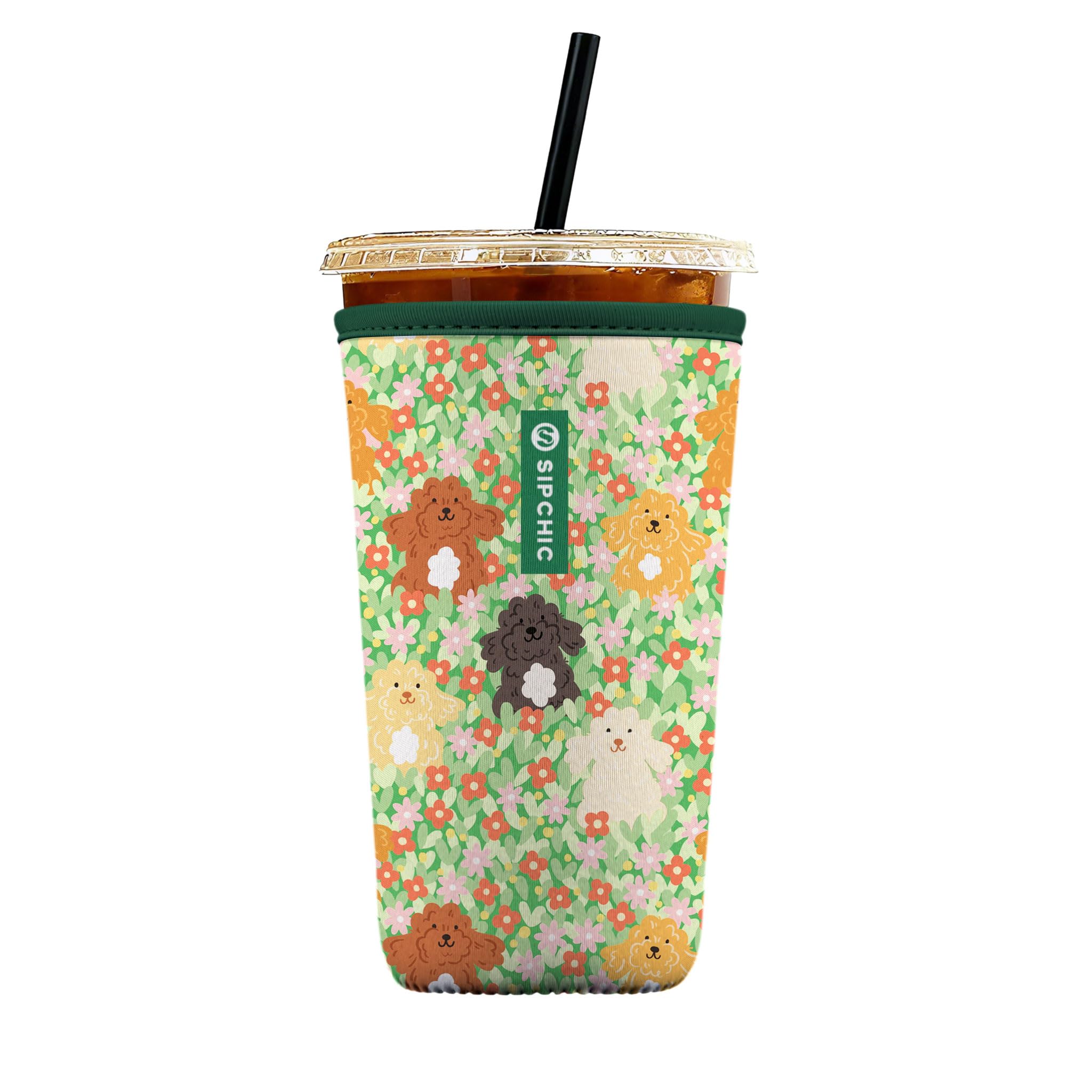Iced Coffee Sleeve – Neoprene Reusable Cup Sleeves for Drinks, Insulated Drink Sleeves to Keep Hands Dry &amp; Drinks Cold, Stylish &amp; Durable Coffee Sleeves (Puppy Garden, Large: 30-32oz)
