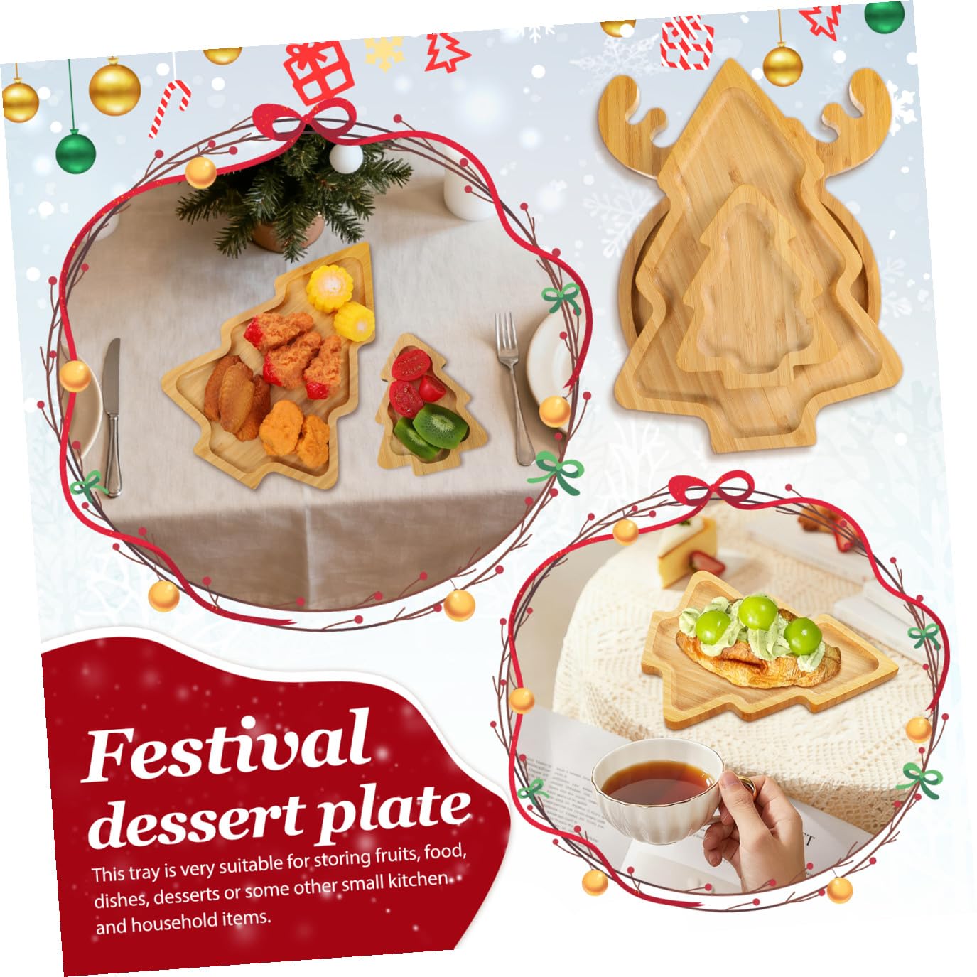 3piezas Bandejas Diseño De Árbol De Navidad y Reno Bandeja Creativa para Aperitivos Frutas y Dulces Fiestas Navideñas Fácil Limpieza y Uso Versátil