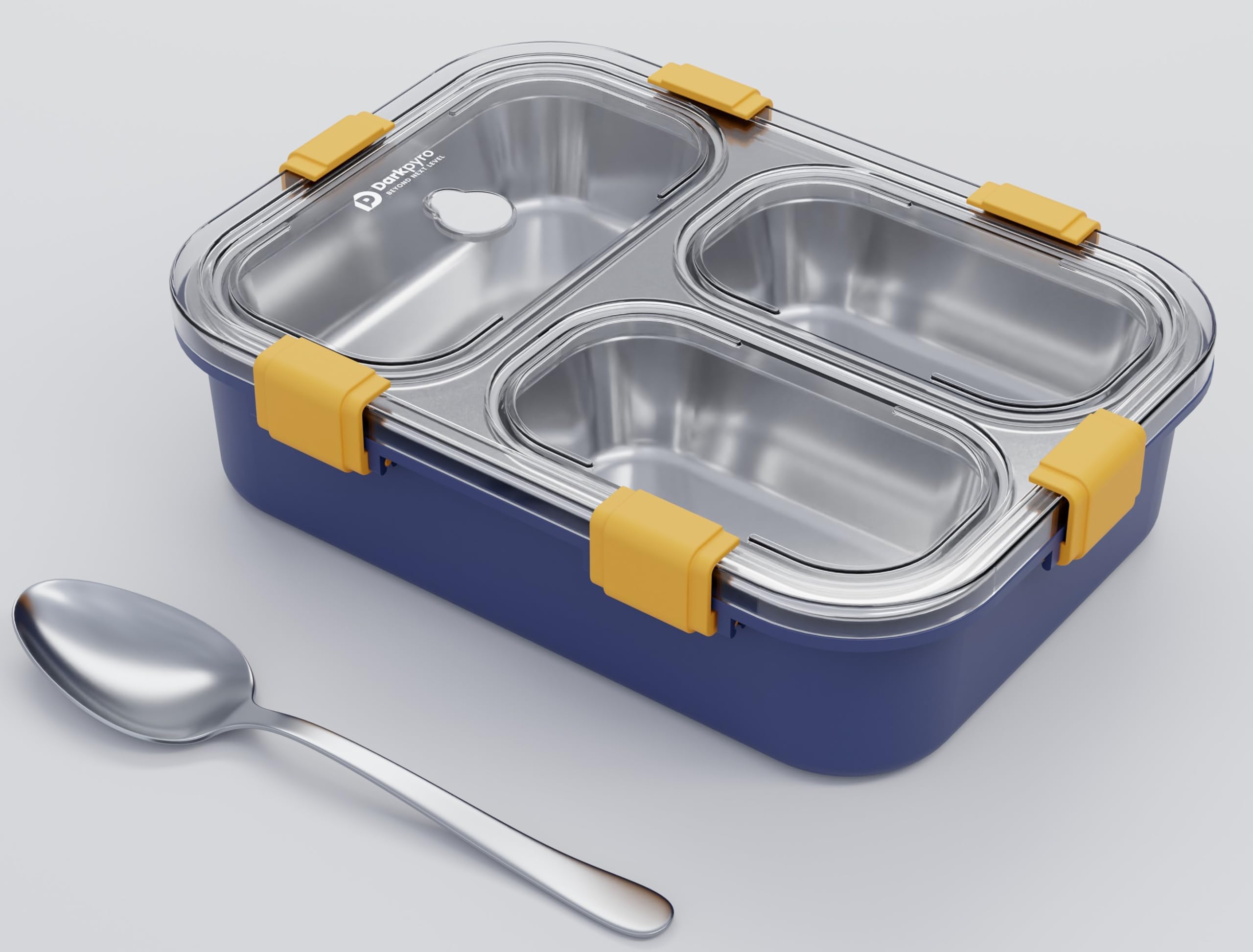 Premium Stainless Steel Lunch Box with 3 Compartment | BPA-Free Plastic Outer Body with Secure Locking Clips & Transparent Lid | Ideal for Office, School, College & Travel | Blue Color