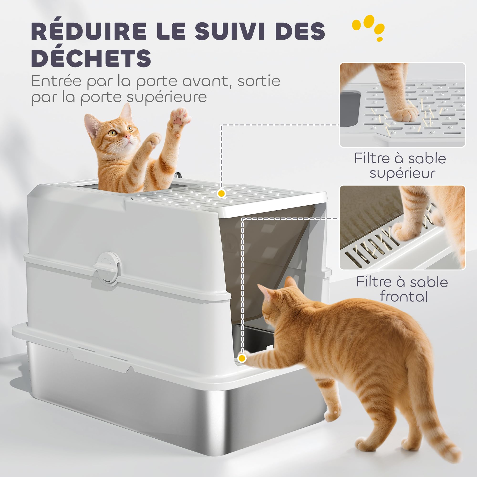PawHut - Bandeja de arena para gatos cerrada de acero inoxidable, para gatos con pala, tapa abierta, puerta, antifugas y limpieza fácil, 60,2 x 40,2 x 43,7 cm, gris claro