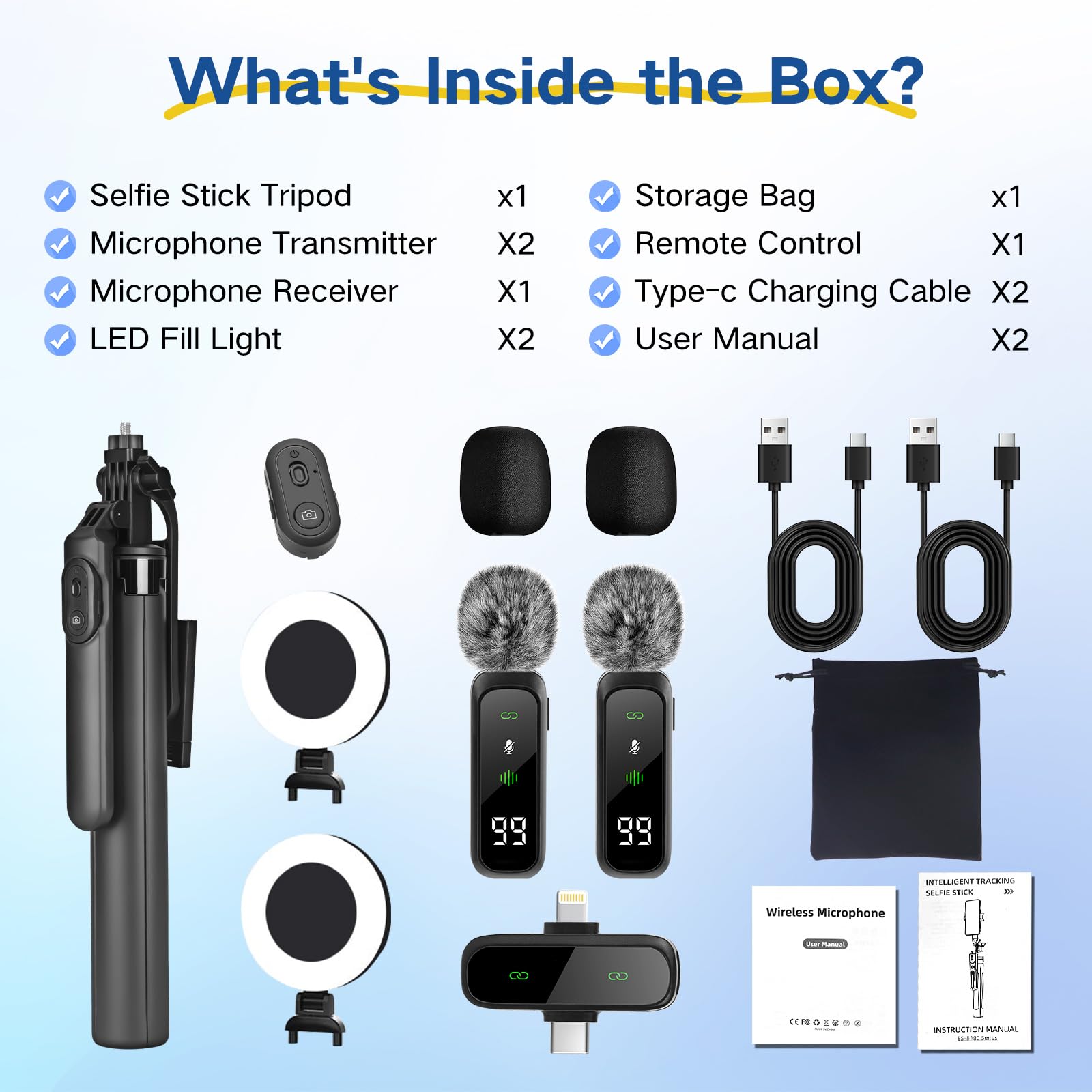 Content Creator Starter Kit, iPhone / Android Vlogging Kit, 180 cm Smartphone Treppiede con 2 luci di riempimento e microfono wireless, Selfie Starter Kit