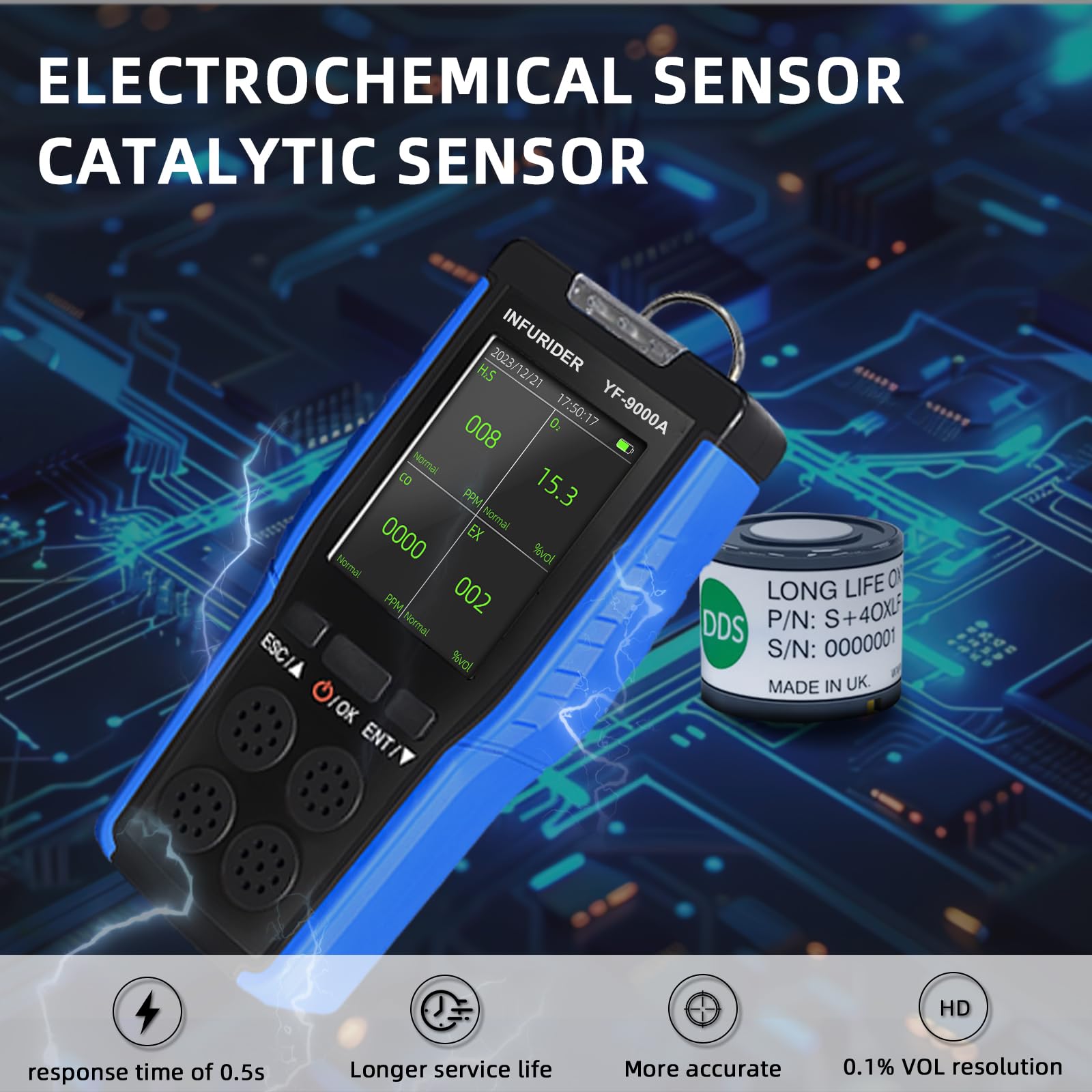 Detector de Gas, H2S, CO, O2, LEL, Monitor de Gas 4 en 1, Spray Detector de Fugas con Pantalla LCD en Tiempo Real, Alarma Gases Inflamables
