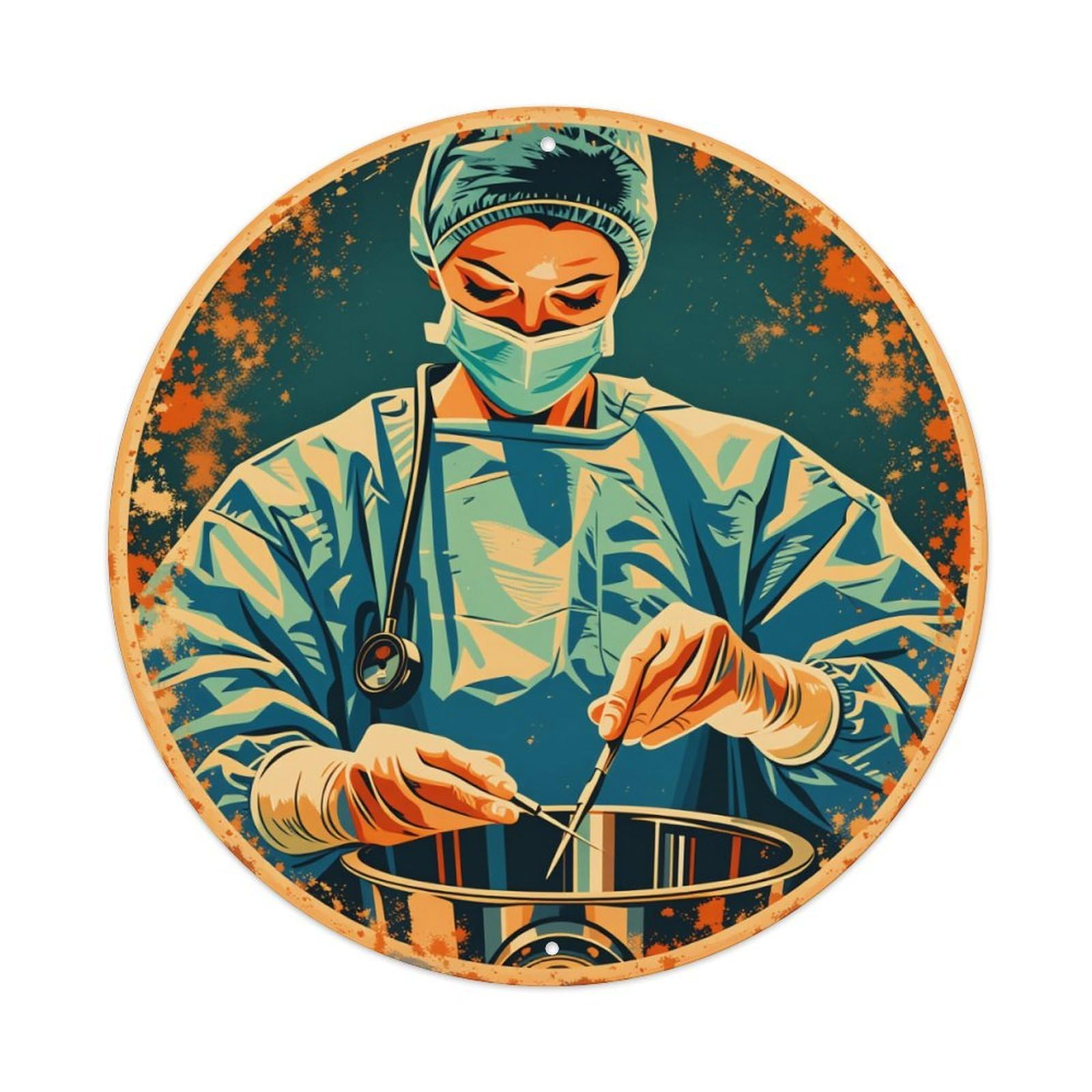 Medical Surgeon Operating Scene Art Round Tin Sign Vintage Metal Poster, Home Bar Garage Man Cave Cafe Indoor & Outdoor Wall Decoration 8x8Inches