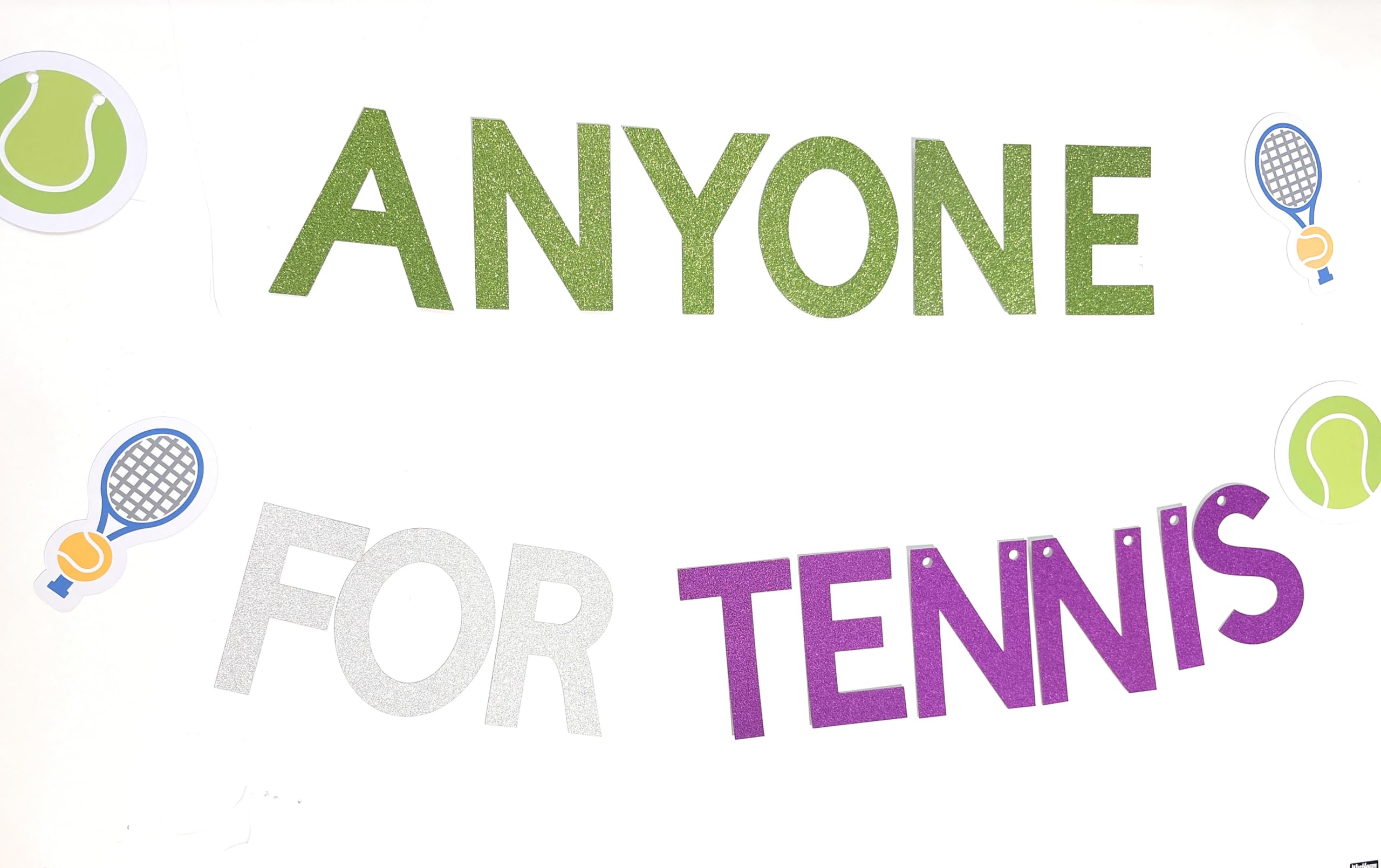 Tennis Bunting, Anyone for tennis party bunting, Tennis racket and ball garland wall hanging sign decorations, glitter colourful card letter bunting for walls, windows, pubs
