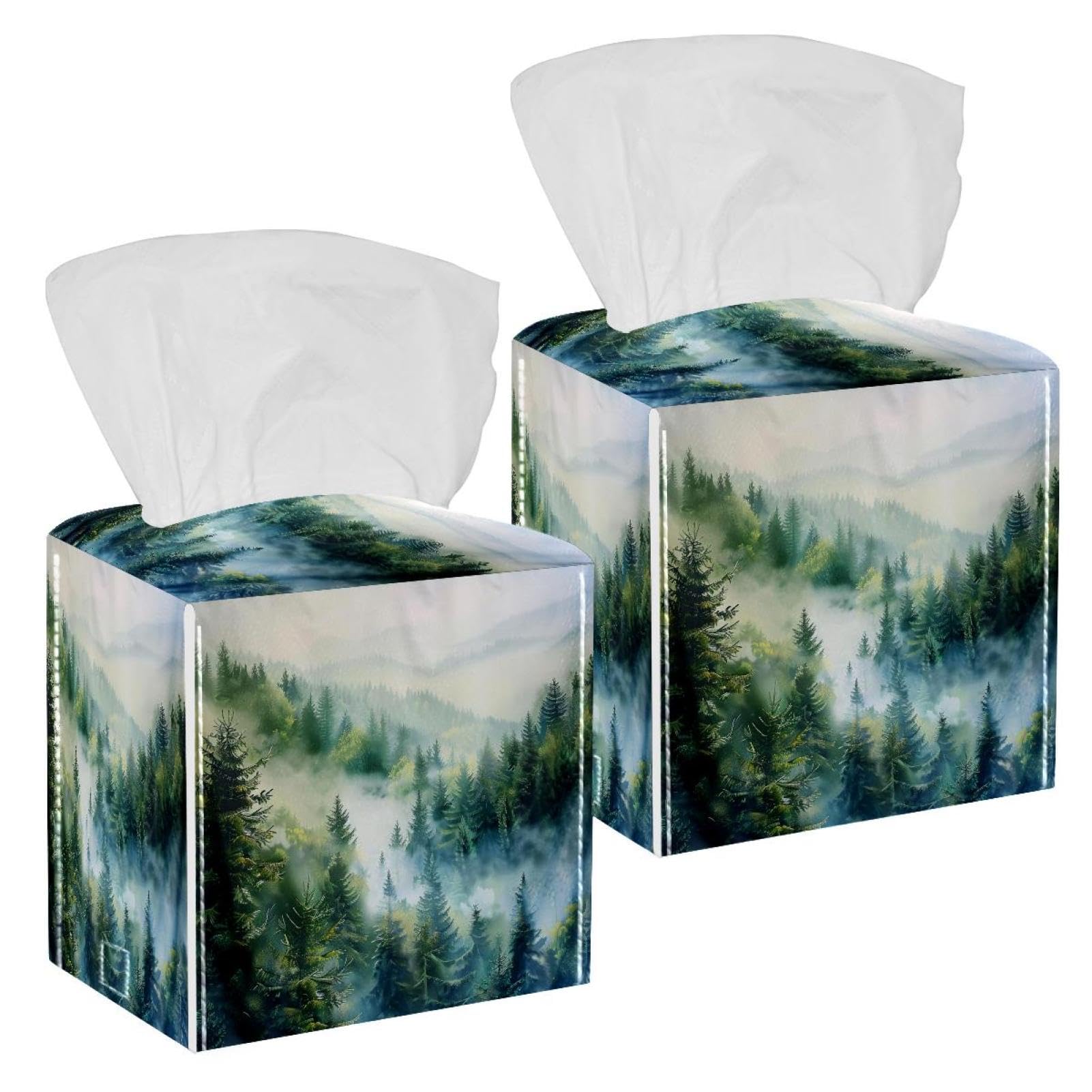 Cloud Pine Forest Tissue Box Cover, 2 Pack PU Leather Square Facial Tissue Dispenser Box holder for Home Office Car