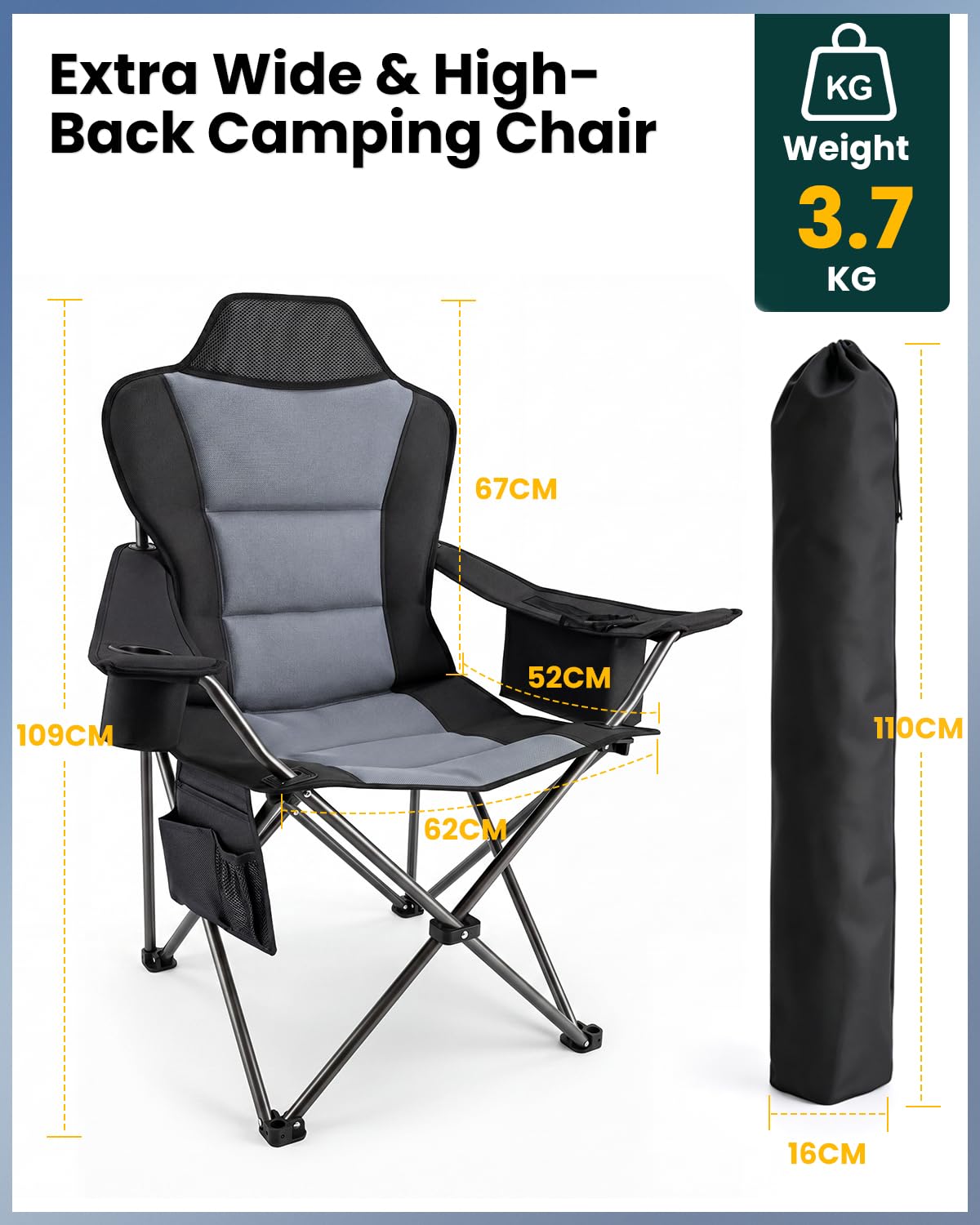 YEAUPE PRO Silla de Camping Plegable, Sillas de Pesca, hasta 150 kg, XL | Respaldo Alto, con Portavasos y Bolsa de Transporte, Silla Exterior para Camping, Playa, Jardín y Pesca
