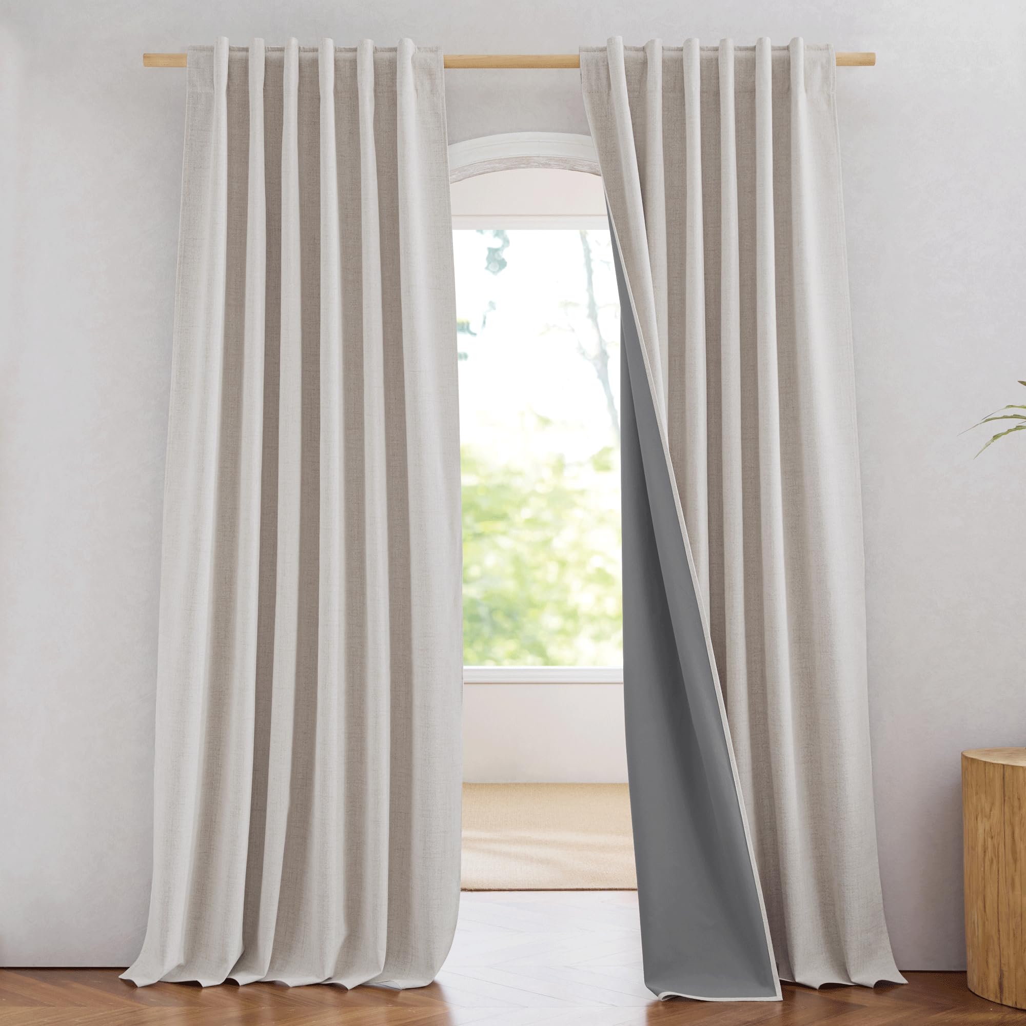 NICETOWN 100% Blackout Brich Linen Curtains for Dingning Room 90 inches Long, Thermal Insulated Window Treatments with Privacy Liner, 2 Panels, 52" W,
