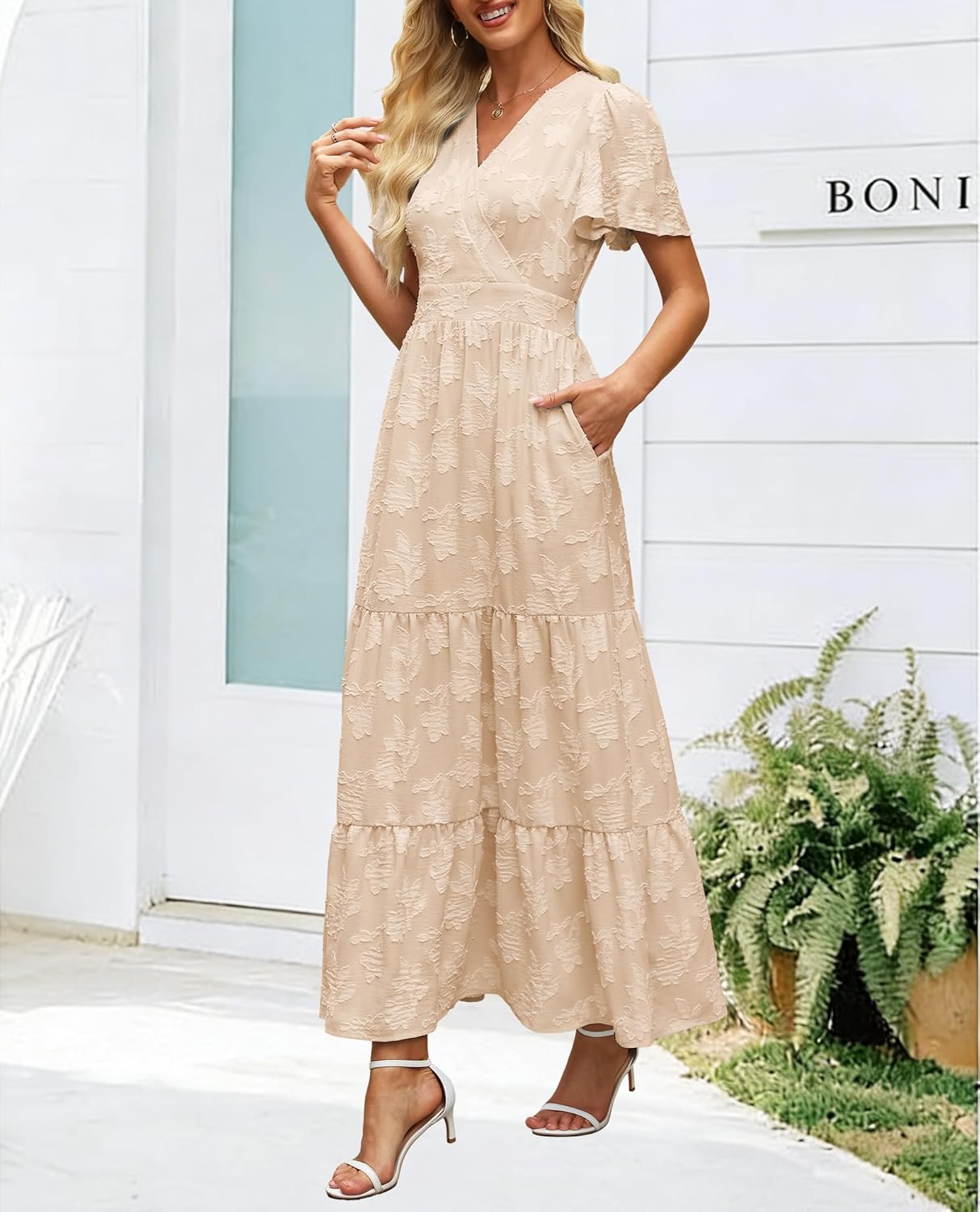 Womens Boho Floral Maxi Dress Elegant Wrap V Neck Short Flutter Sleeve Flowy Tiered A Line Summer Beach Wedding Guest Dresses - Image 5