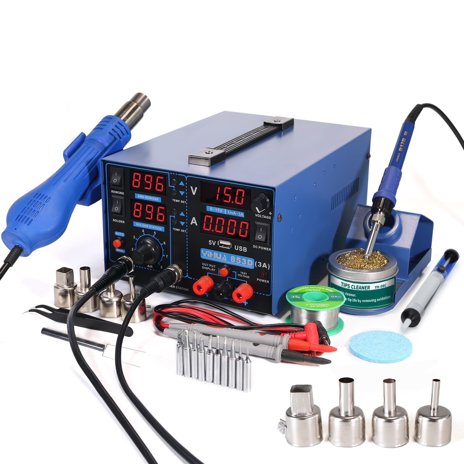 YIHUA 853D 3A USB Professional Soldering Rework and Power Supply Station bundle with #2300 Hot Air Nozzles with Iron holder, Soldering Cleaning Kit and Accessories (28 Items)