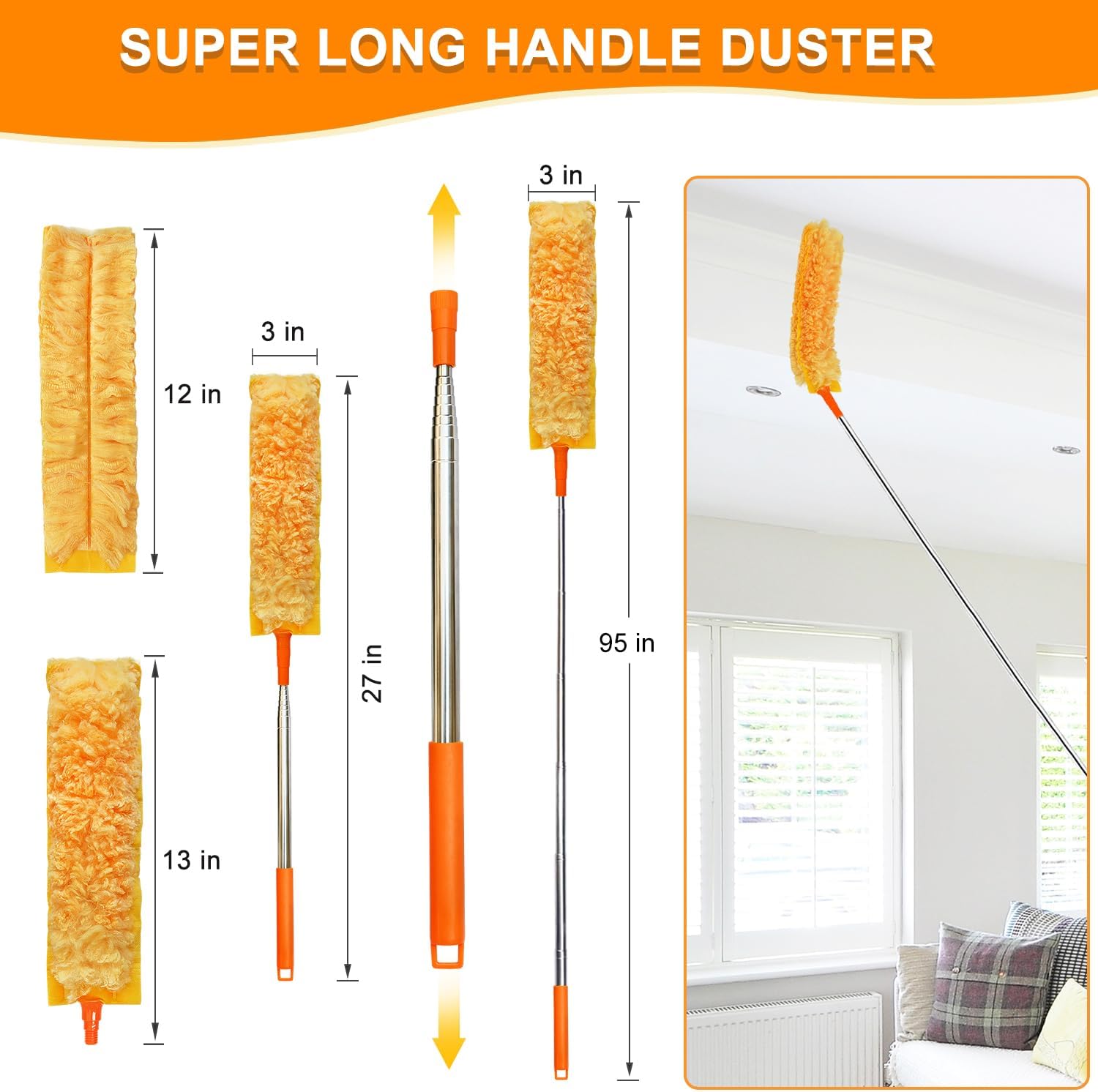 100" Reachable Microfiber Feather Duster, Duster with Extension Pole, 3 pcs Replacement Duster Head, Cleaning Tools for High Ceilings and Fans, Blinds, Cars and Furniture thumbnail