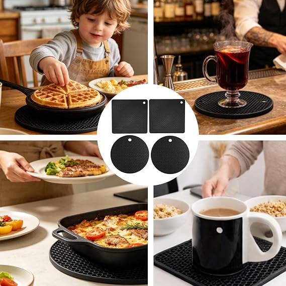Pack of 4 Silicone Trivet Mats, Silicone Trivets for Kitchen Worktops, Heat Resistant Multi-Purpose Anti Slip Dining Table Mat, for Hot Pots Holder, Pads for Kitchen Cooking & Dining
