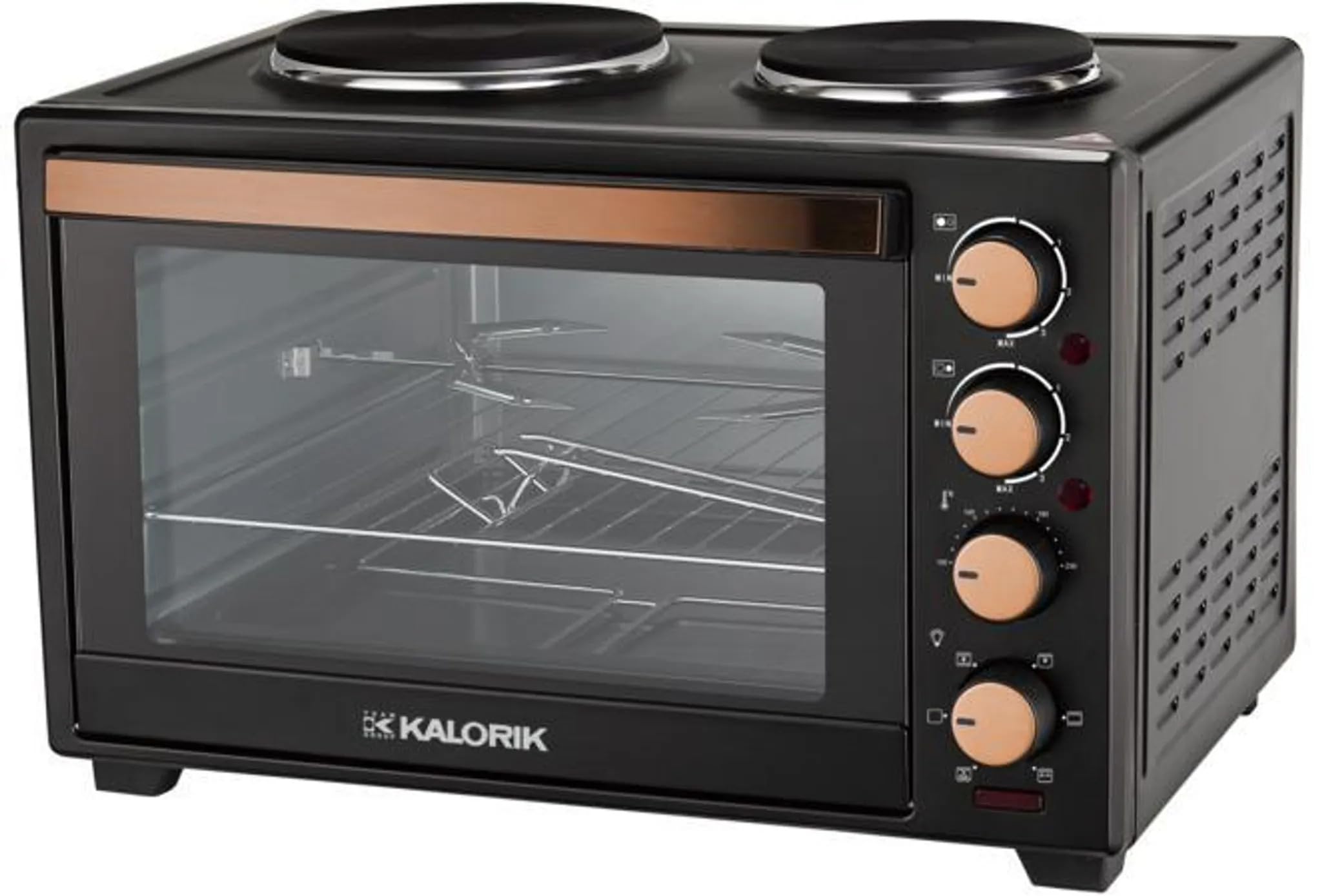 Kalorik – Mini Piekarnik Elektryczny – Płyta grzewcza 2 w 1 do Wszechstronnego Gotowania i Pieczenia, z Funkcją Termoobiegu i Rożnem Obrotowym, 3300 W, 30 litrów, 2 Palniki, Czarny