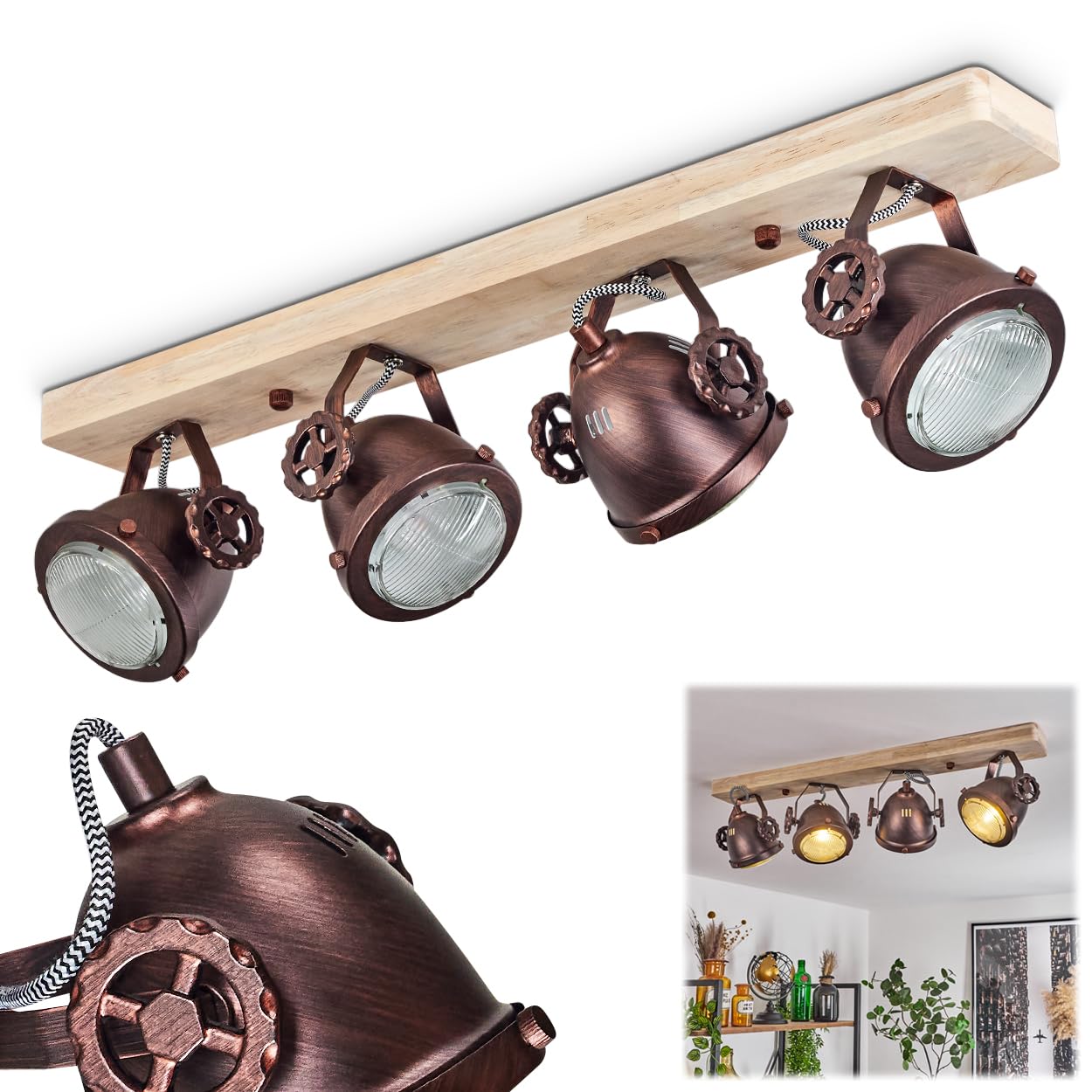 Lampada Da Soffitto Regolabile Herford – Faretto Orientabile 2 Luci In Metallo E Legno, Stile Vintage Industriale Per Soggiorno E Cucina (Nero/Marrone, Attacco GU10, Senza Lampadine)