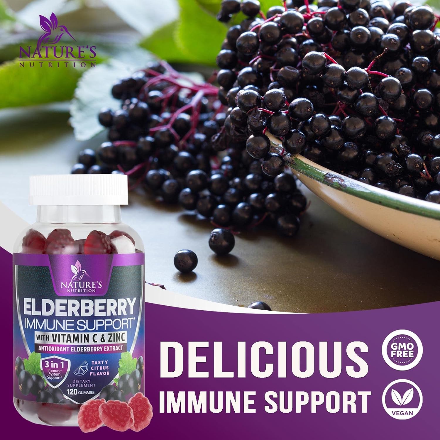 Immune Support Gummies with Elderberry Extract, Zinc & Vitamin C Gummy, Nature's Natural Vegan Immune Support Sambucus Black Supplement for Adults & Children, Delicious Elderberry Gummy - 120 Gummies