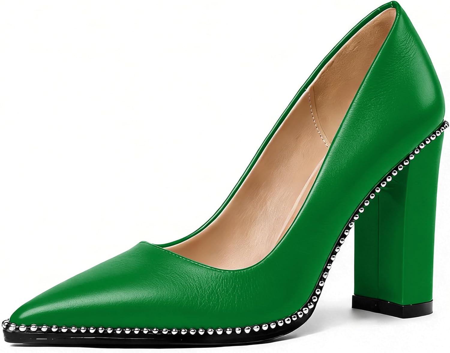 Joseywade Chunky Heel Pumps for Women 3.5 Inches Closed Pointy Toe Block Heel Pump Elegant Wedding Dress Party Shoes