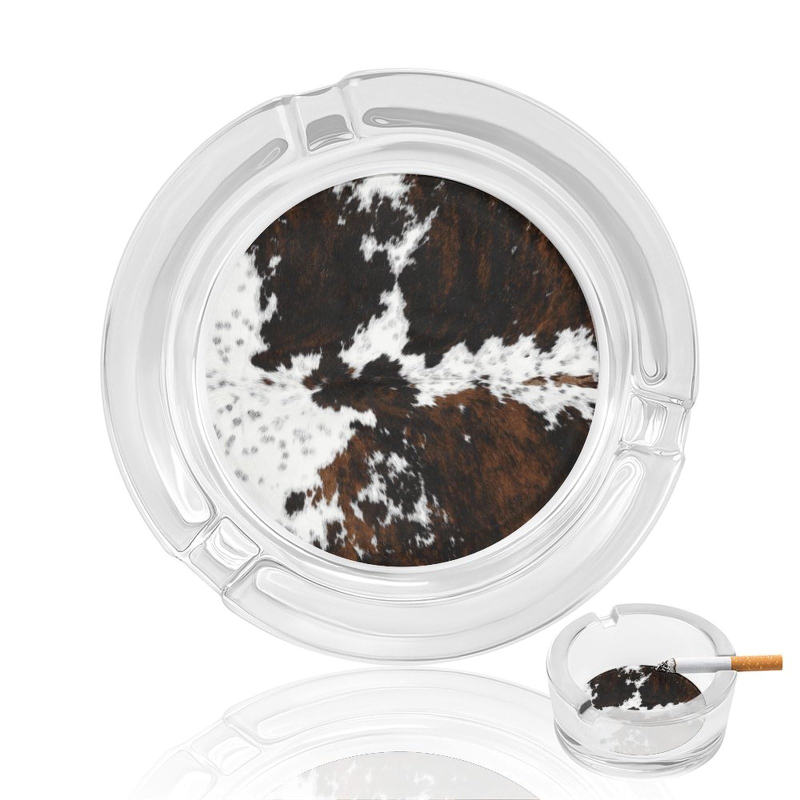 Cowhide, Cow Skin Print Pattern Glass Ashtray 3.3 Inch Round Cigarette Ash Holder with 4 Grooves for Home Office Outdoor One Size