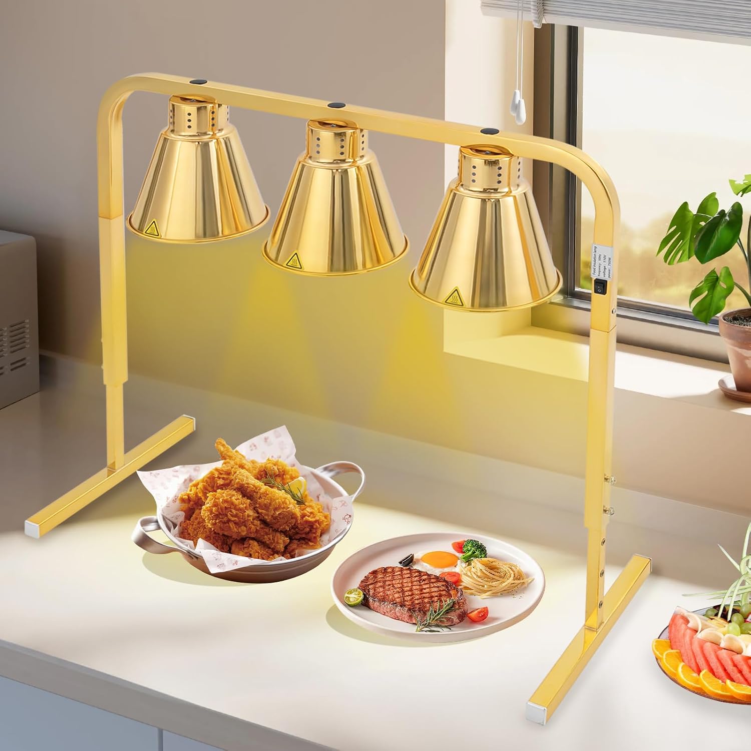 Food Insulation Lamp, 750W Food Warmer, 3-Head Food Warming Lamp, Free-Standing Heating Lamp, Commercial Food Warmer Light, Buffet Warmer, Food Heat Lamp, for Food Service, Home, Kitchen (Gold)