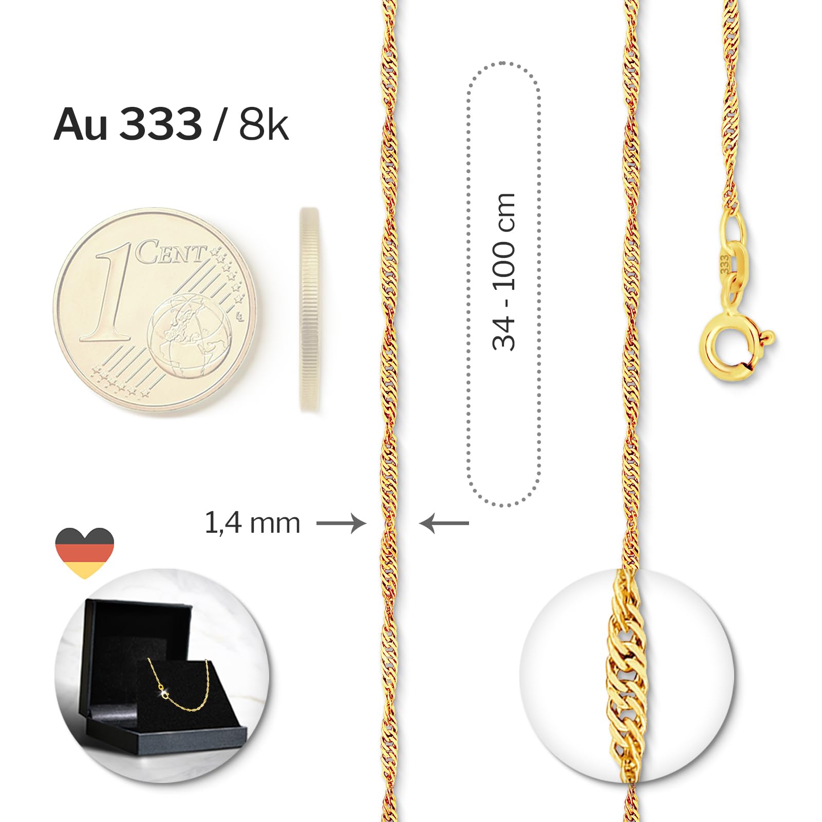 EDELIND Singapurkette Gold 1,4 mm Goldkette Damen Herren 333 375 585 750 Gelbgold Echtgold Kette ohne Anhänger | Schmuck Geschenkbox