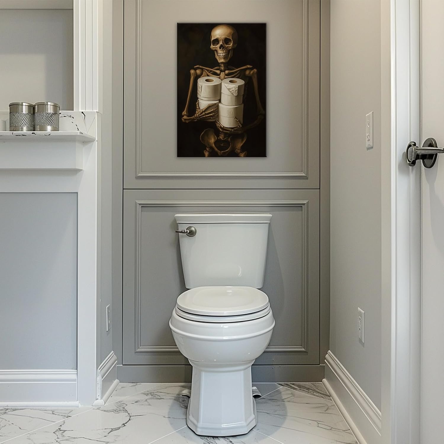Gothic Skull Wall Art Funny Skeleton with Toilet Paper Canvas Print Vintage Skull Painting Framed Artwork for Living Room Home Halloween Wall Decor(Artwork-8,16"x24") image 3
